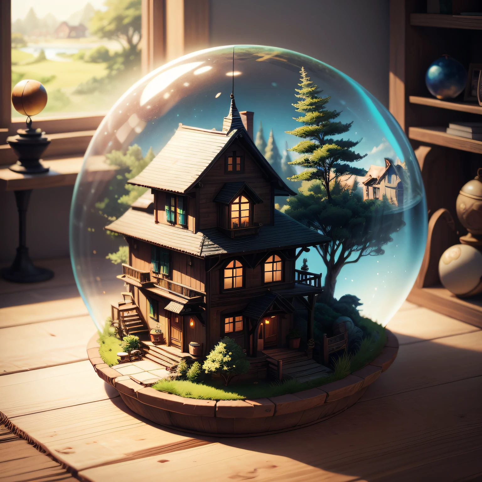 a small, summer globe with a house inside, summer, trees, and a pond