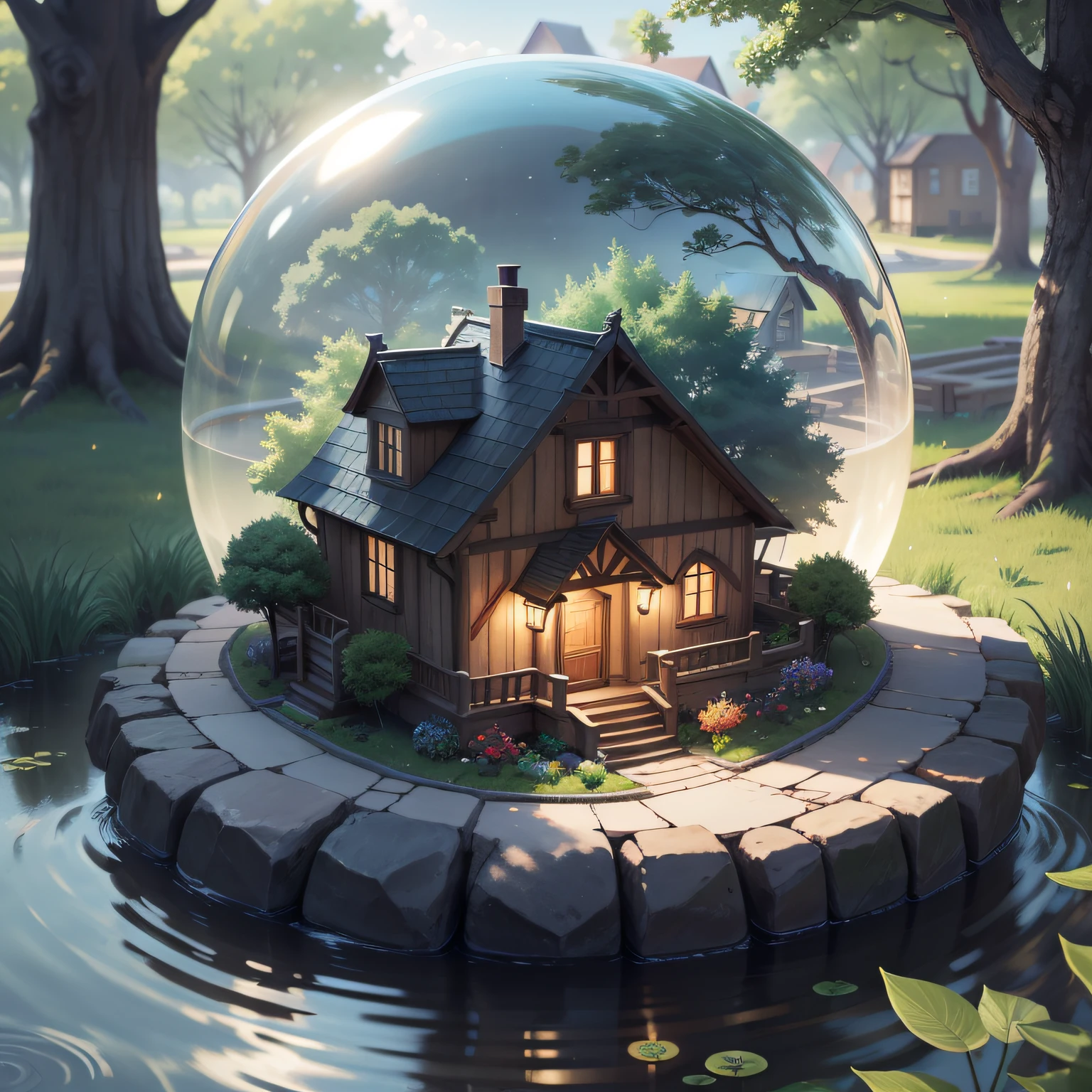a small, summer globe with a house inside, summer, trees, and a pond