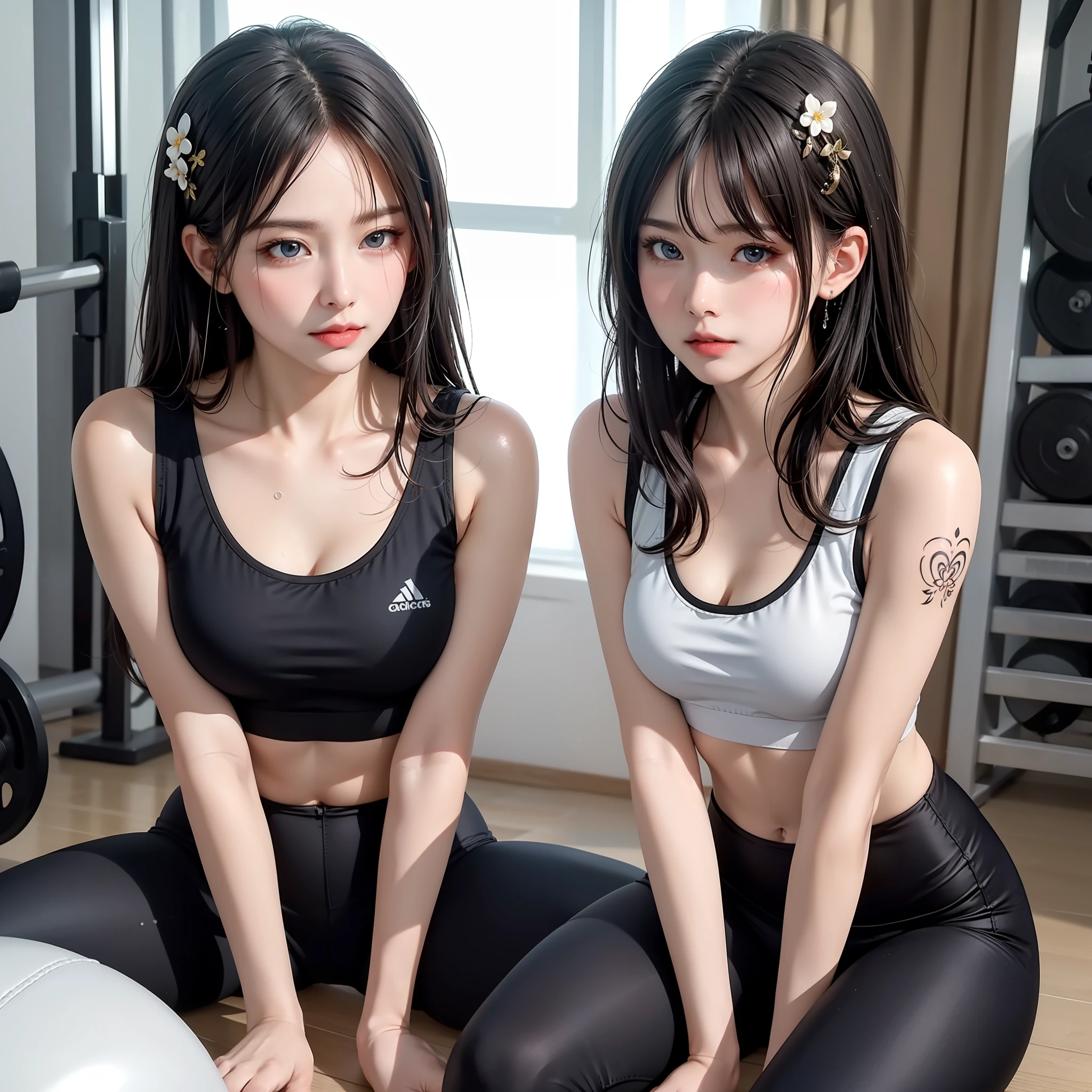 (Best quality) meticulous sportswear girl, sitting on the floor of the gym with open legs, wearing complex leggings and sports bra, highlighting slight abs, while chest tattoo in black tattoo adds a cinematic touch to the scene, cinematic lighting completes the overall atmosphere. Highest quality, masterpiece, HD, master masterpiece, ultimate detail, cinematic light, (danphoenix eyes), coiled hair, pear blossom hair ornaments, exquisite hair accessories, water mist, water droplets, broken feeling, delicate facial features, fine portrayal of facial features, delicate hair, exquisite eyes, 8k picture quality, CG rendering, straight long legs, extreme body, pear-shaped body, small man's waist, vest line