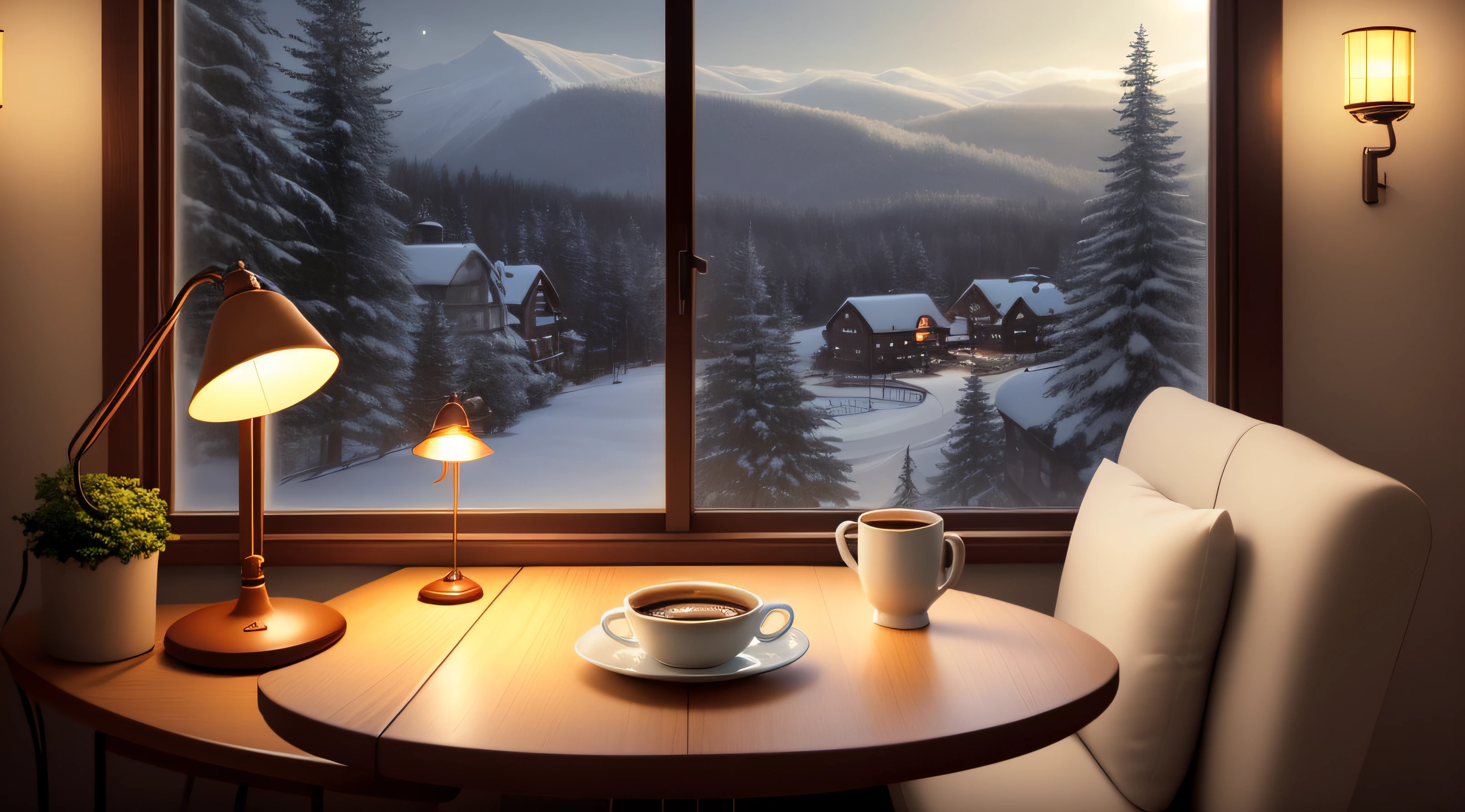 cozy landscape, cozy weather, cozy, chair, table, coffee, dynamic lights, soft lighting, anime style, lamp, lamp, lamp, nice, ultra quality, best quality