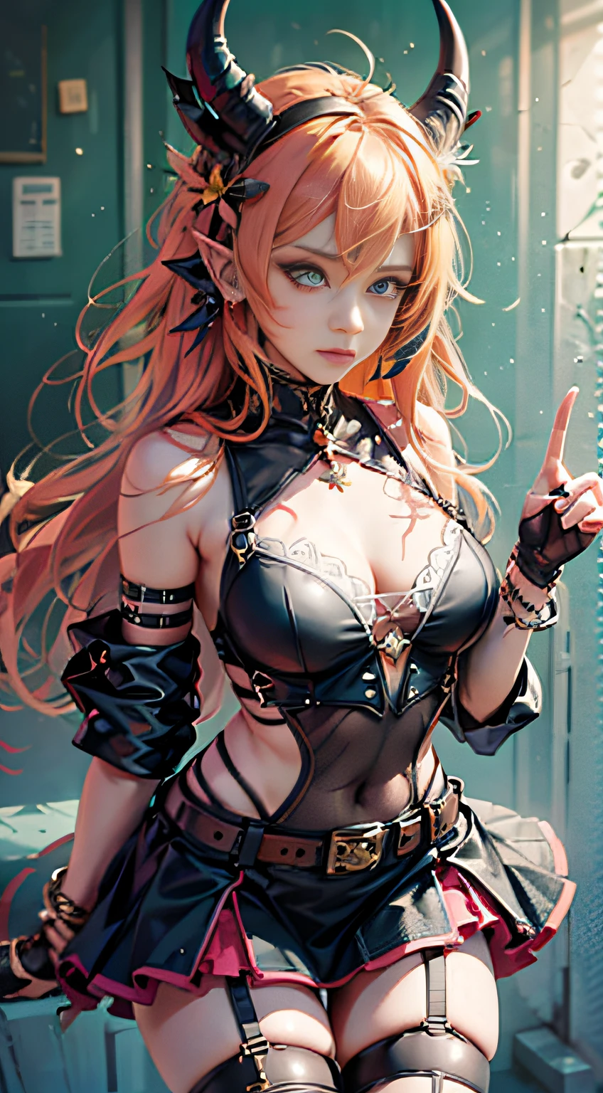 masterpiece, best quality, high resolution, aloe vera 1, 1 girl, steppe, meadow, solo, pointed ears, multicolored hair, asymmetrical horns, demon horns, hair accessories, blonde hair, chest strap, thighs, long hair, asymmetrical pants, pink hair, sleeveless, bare shoulders, demon tail, thigh straps, wristcuffs, green eyes, armbands, skirt, horn bow, mismatched legs, sleeveless corner ornaments, bangs, uneven legs, hair between eyes, leaning forward, pointing, frowning,