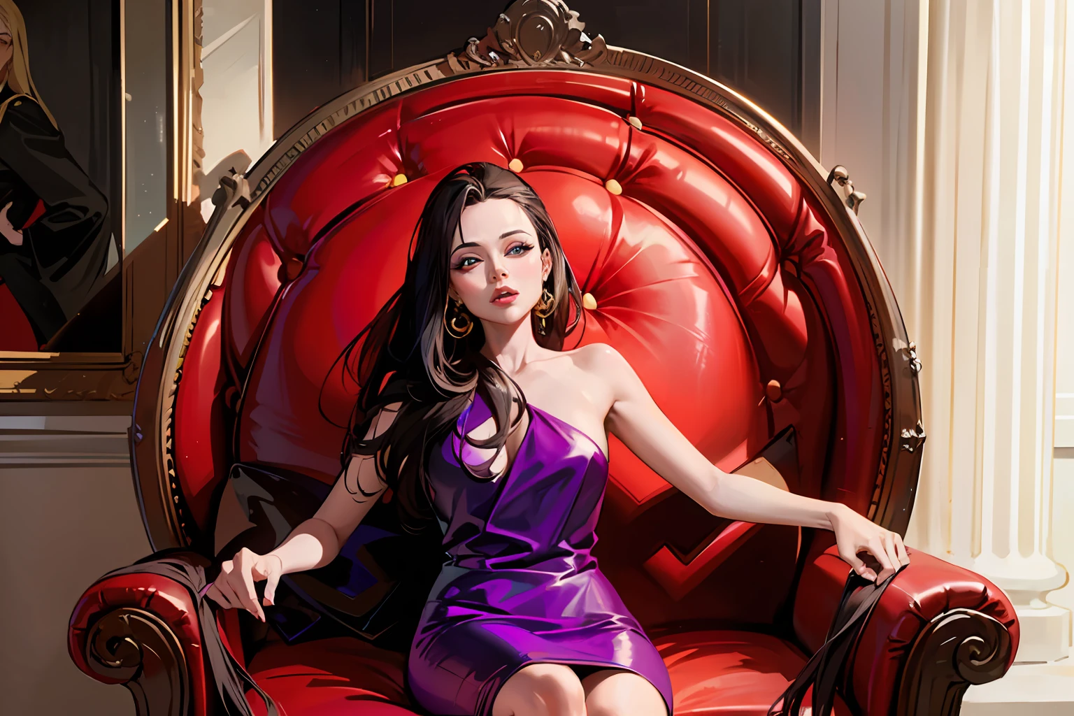 woman, beautiful face, symmetrical face, angelina jolie, western, black hair, beautiful villain face, sitting in a chair with a colorful dress, profile picture, in a stone chair, angelina jolie's face, angelina jolie-like, featured art, ekaterina, beautiful lady, colombian, sitting in chair, blue eyes, eyes open