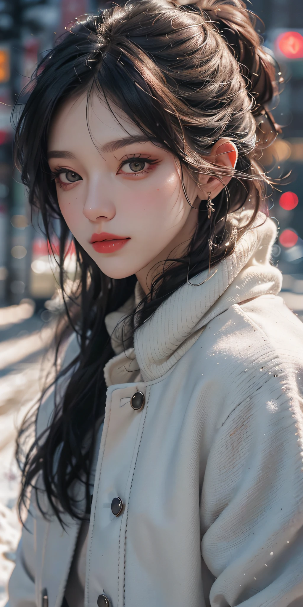 professional portrait photograph of (st3llam4xwell:0.99), in winter clothing, beautiful face, cute natural makeup, wearing elegant winter fashion clothing, ((standing outside in snowy city street)), stunning modern urban upscale environment, ultra realistic, concept art, elegant, highly detailed, intricate, sharp focus, depth of field, f/1. 8, 85mm, medium shot, mid shot, (centered image composition), (professionally color graded), ((bright soft diffused light)), volumetric fog, trending on instagram, trending on tumblr, hdr 4k, 8k, (closeup portrait), (red lips), (makeup)