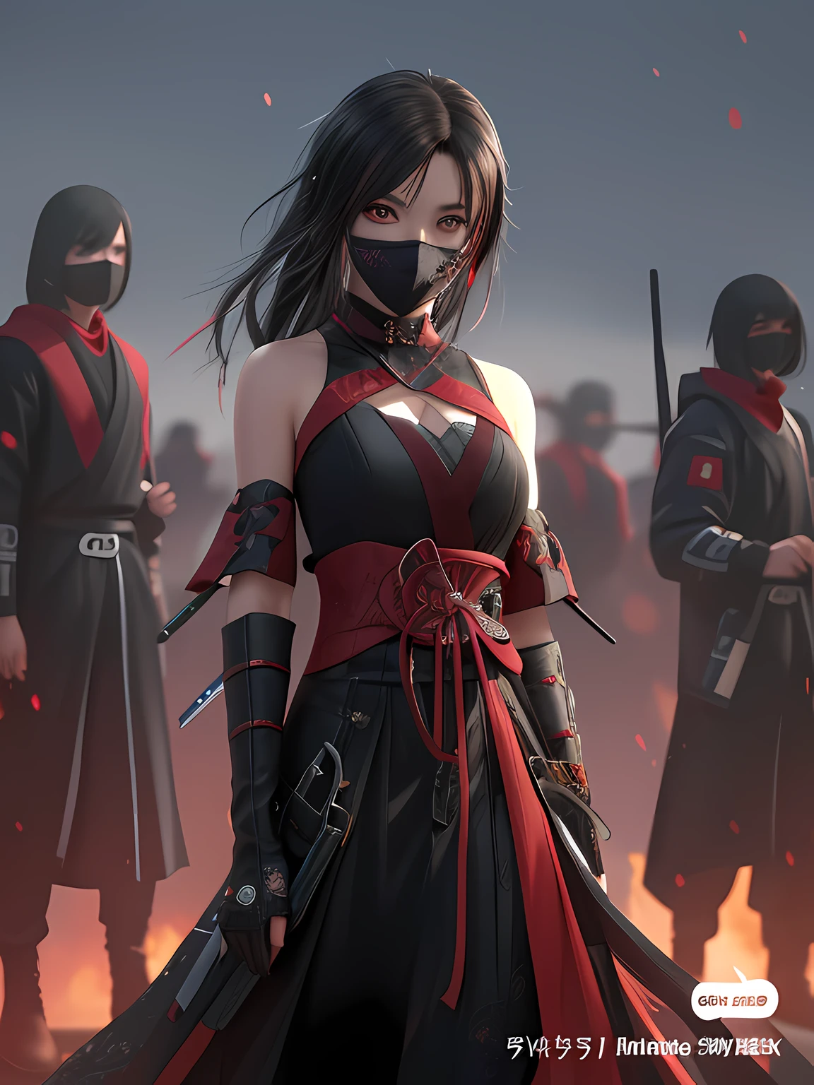 a woman in a red and black dress standing in front of a group of soldiers, anime style 4 k, alena aenami and artgerm, badass anime 8 k, anime style. 8k, goth ninja, very beautiful cyberpunk samurai, beautiful female assassin, style of artgerm, 8k high quality detailed art, fantasy art style, style artgerm