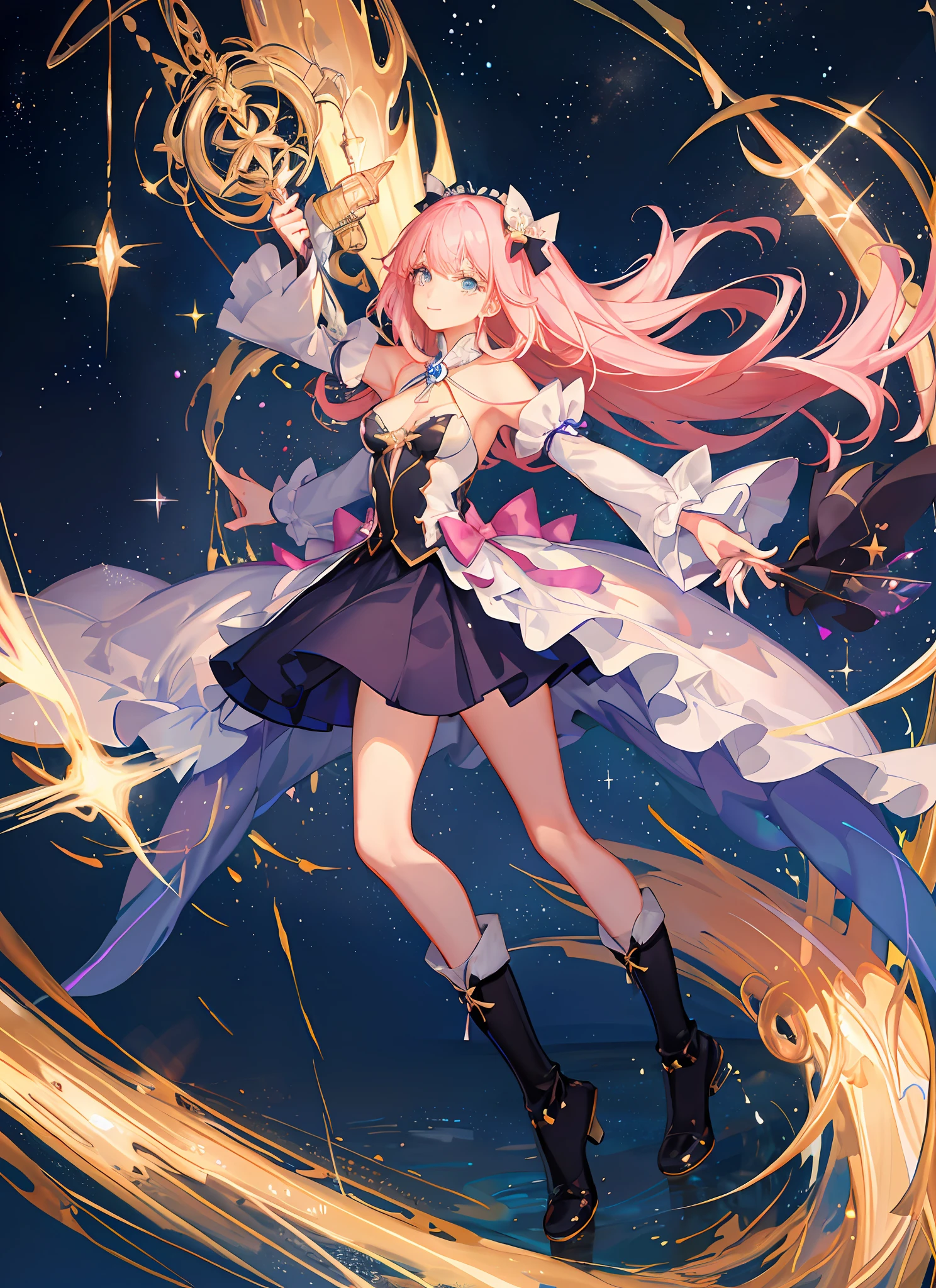 ((magical girl)), ((gorgeous starry sky background)), ((ultra-detailed)), ((best illustration)), ((cinematic lighting)), dynamic angle, floating, finely detailed, (glitter:1.2), (sparkle:1.2), (shine:1.2), classic, (painting:1.1), (sketch:1.1), (best quality), (masterpiece:1.2), (anime style), (solo), beautiful detailed face, (cute face:1.3), (big eyes:1.3), colorful hair, (long hair:1.2), (floating hair:1.2), (magical girl outfit), detailed outfit, (sparkling wand:1.3), (magical effects:1.3), (flowing skirt:1.2), (cute boots:1.1), (transparent fabric:1.1), (twinkle:1.2), (glow:1.2), (radiance:1.2), (flicker:1.2), (dazzle:1.2)