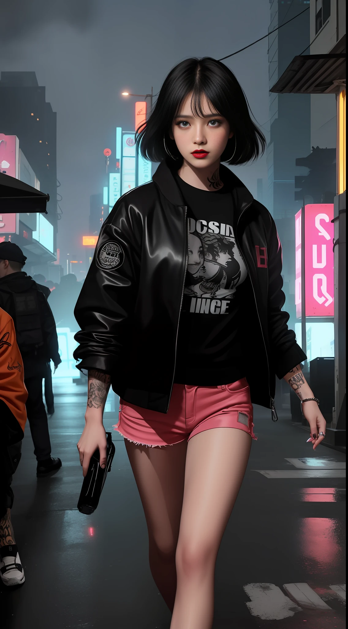 Close-up, a beautiful stylish fashion russian black-haired girl, tattered outfit, short chelsea side cut hair, punk outfit, pink outfit, lipstick, action movie scene,cinematic blade runner dystopian scene, night, bustling with neon signs, blade runner aesthetics, crowded with people,movie cinematography,trash gang, attractive person,high emphasis on detail,wearing weather tech gear,trash gang, tattoos,night life,full of life ,trash gang , action movie shot by Kon Satoshi, style Semi Impasto, matte painting, atmospheric, glowing, dramatic lighting, beautiful eyes, symmetric eyed, perfect eyes