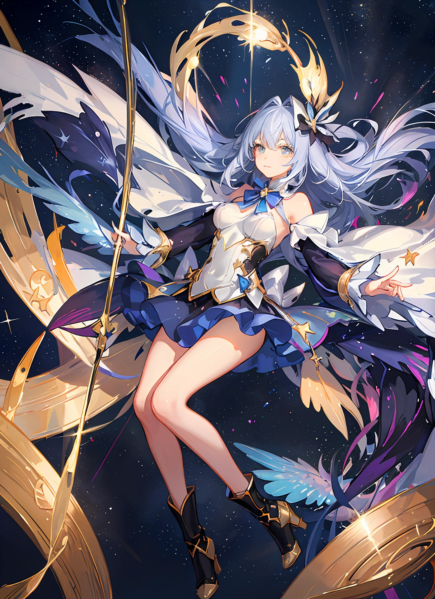 ((magical girl)), ((gorgeous starry sky background)), ((ultra-detailed)), ((best illustration)), ((cinematic lighting)), dynamic angle, floating, finely detailed, (glitter:1.2), (sparkle:1.2), (shine:1.2), classic, (painting:1.1), (sketch:1.1), (best quality), (masterpiece:1.2), (anime style), (solo), beautiful detailed face, (cute face:1.3), (big eyes:1.3), colorful hair, (long hair:1.2), (floating hair:1.2), (magical girl outfit), detailed outfit, (sparkling wand:1.3), (magical effects:1.3), (flowing skirt:1.2), (cute boots:1.1), (transparent fabric:1.1), (twinkle:1.2), (glow:1.2), (radiance:1.2), (flicker:1.2), (dazzle:1.2)