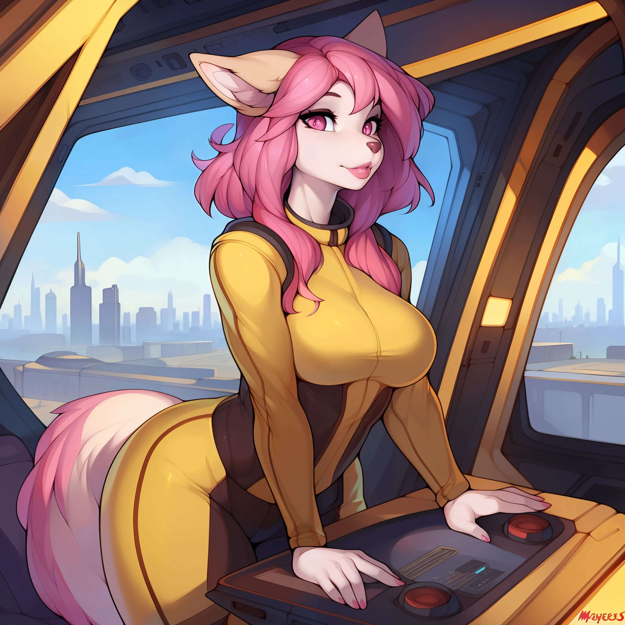 By chelodoy, by spikedmauler, by cervina7, ((by magnetus, by spuydjeks, by wyntersun)), solo, female, standing, lips, pink lips, pink lipstick, canine, pink eyes, detailed eyes, detailed hands, tan fur, tan body, medium breasts, medium hair, brown hair with pink hair tips, pink tips of hair, pink hair highlights, brown hair, yellow spacesuit, spaceship, window, city, silver city, utopia, blue sky, white clouds, flying cars in the background