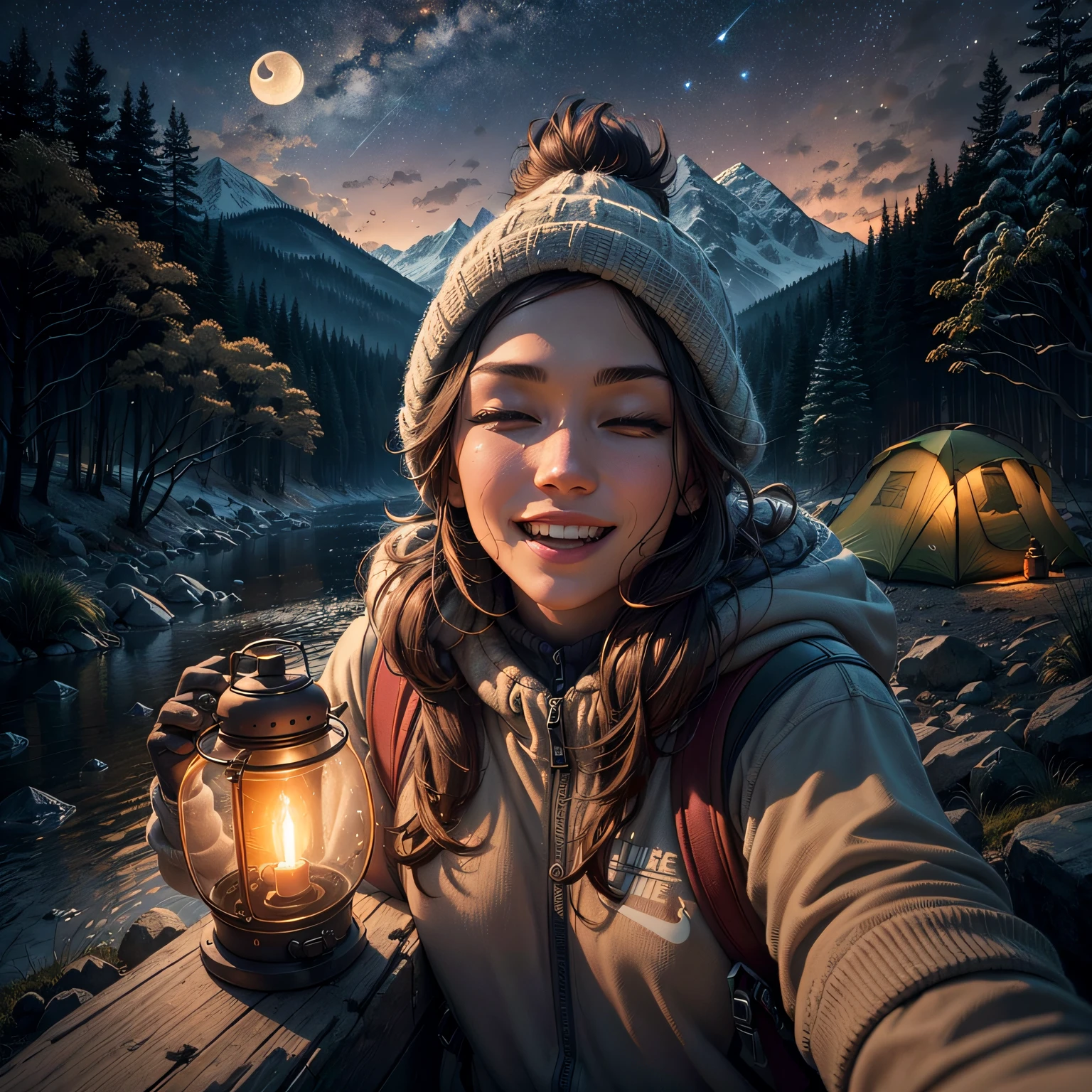 1 woman ((upper body selfie, happy)), masterpiece, best quality, ultra-detailed, ground, outdoor, (night), mountains, nature, (stars, moon) cheerful, happy, backpack, bag sleeping bag, camping stove, water bottle, mountain boots, gloves, sweater, hat, lantern, forest, rocks, river, wood, smoke, shadows, contrast, clear sky, style, (warm hue, warm tone): 1.2), close-up, cinematic light, side lighting, ultra high resolution, best shadow, RAW, upper body, old man, wearing pullover --auto