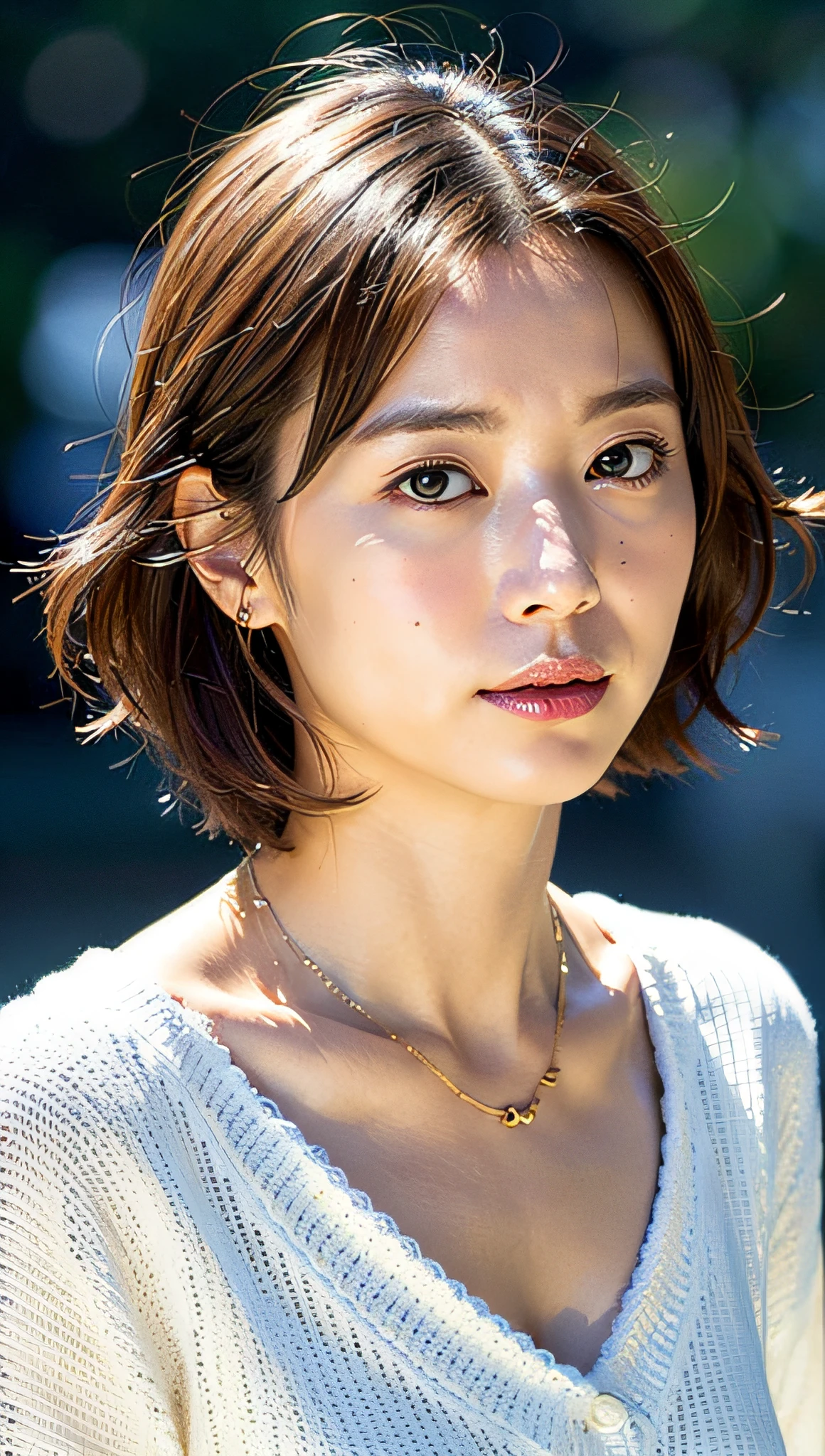 (( Realistic light, Best quality, 8k, Masterpiece :1.3)), 1girl, small mole under eyes, smile, closed eyes, small moles on the breast, Pretty woman with slender figure :1.4, abs :1.1, korean, pale-skin, (floatingwavy silk-brown hair, floating hair by wind, big_breasts :1), (deep_cleavage), white offshoulder shirt:1.2, long sleeves wet by wind, (sweaty skin:1.3), standing, night in the mountain, campfire light, Ultra-detailed face, Detailed eyes, Double eyelid, shiny skin, cowboy shot