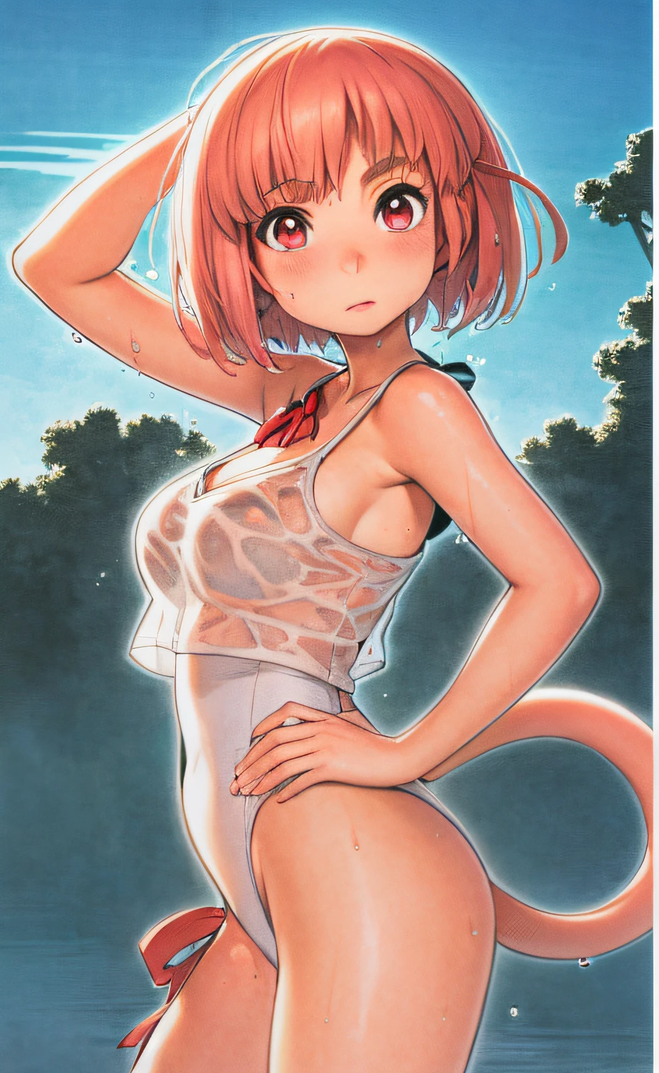 (NSFW: 1.1), Breasts Closer, Breast Emphasis Pose, Breast Rubbing, One Girl, Face and Chest Up, (White Micro Bikini), Wet Clothes, Young, Cute, Beautiful Girl, (((Pink Side Tail)), Pink Short Hair, Red Ribbon, Red Eyes, Colossal, Wet Body, Perfect Body, Best Picture Quality, Best Quality, Super High Definition, Masterpiece, Seductive Anime Girl, Beautiful charming anime teen, clean detailed anime art, high resolution anime art, fine detail anime, loli, anime girl, ecchi, ecchi anime style, wet swimsuit, anime artwork,