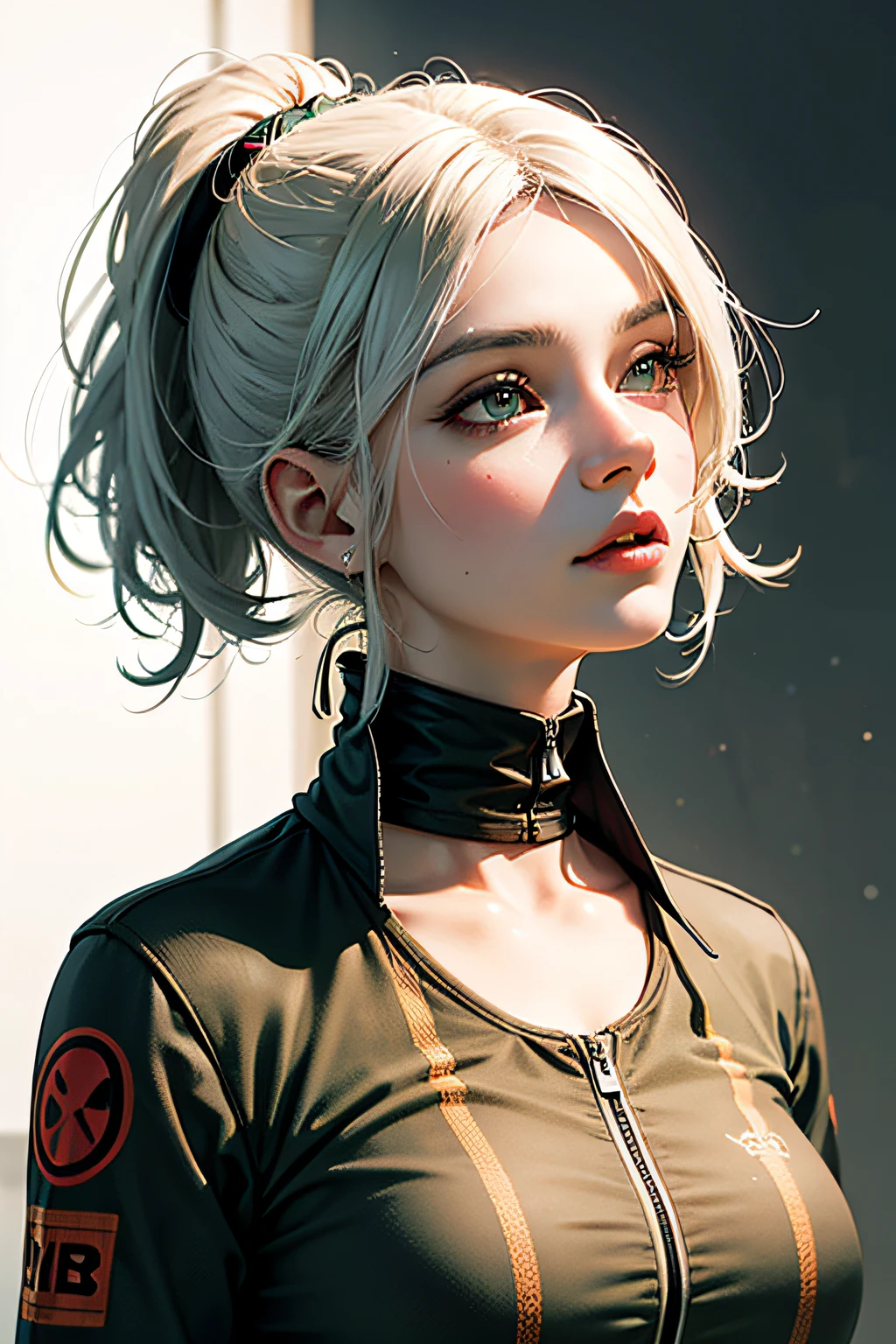 (Masterpiece), (Best Quality), Realism, Cinematic Light, Sportswear, Clear Lines, Solo Female, Solo Female, Perfect Figure, Delicate Facial Features, Big Eyes, Seducer, Cool Pose, Battlefield Background, Perfect Figure, White Eyes, Short White Hair