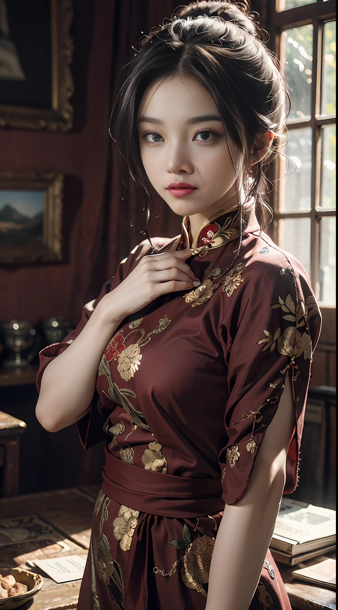 Best Quality, (RAW Photos: 1.2), (Masterpieces: 1.4), (Realistic: 1.4), (High Resolution: 1.4), Chinese Actress Gulinazha, Depth of field, Intricate Details, 8K, Very Detailed, Perfect Lighting, Epic Background, Big Bust 1.3, Student Wear, Hands Touching Their Chest 1.5, Eyes Reveal a Hint of Longing 1.5