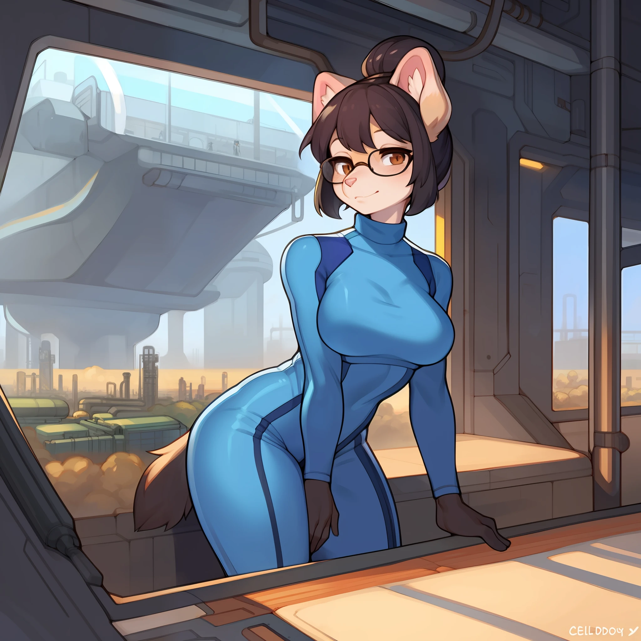 Solo, female, canine, tan fur, brown eyes, detailed eyes, glasses, detailed hands, black hair, small hair bun, medium breasts, turtleneck, blue spacesuit, plain fur, pink nose, lips, snout, spaceship, window, smoggy planet, factories, crowds of people in the background, by buta99, by chelodoy, by spikedmauler, by cervina7, standing, looking through window, pink inner ears, floppy ears, flopped ears