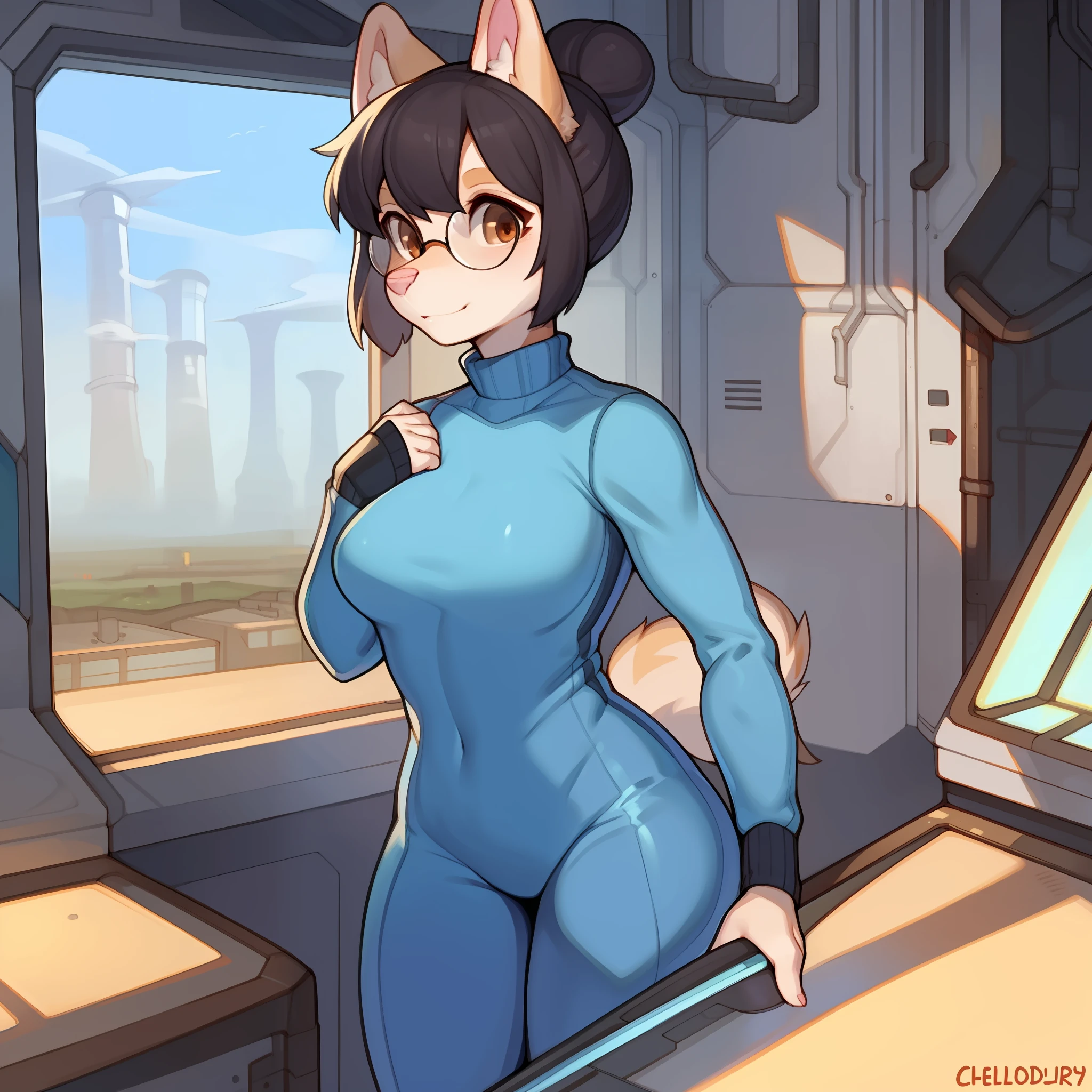Solo, female, canine, tan fur, brown eyes, detailed eyes, glasses, detailed hands, black hair, small hair bun, medium breasts, turtleneck, blue spacesuit, plain fur, pink nose, lips, snout, spaceship, window, smoggy planet, factories, crowds of people in the background, by buta99, by chelodoy, by spikedmauler, by cervina7, standing, looking through window, pink inner ears, floppy ears, flopped ears