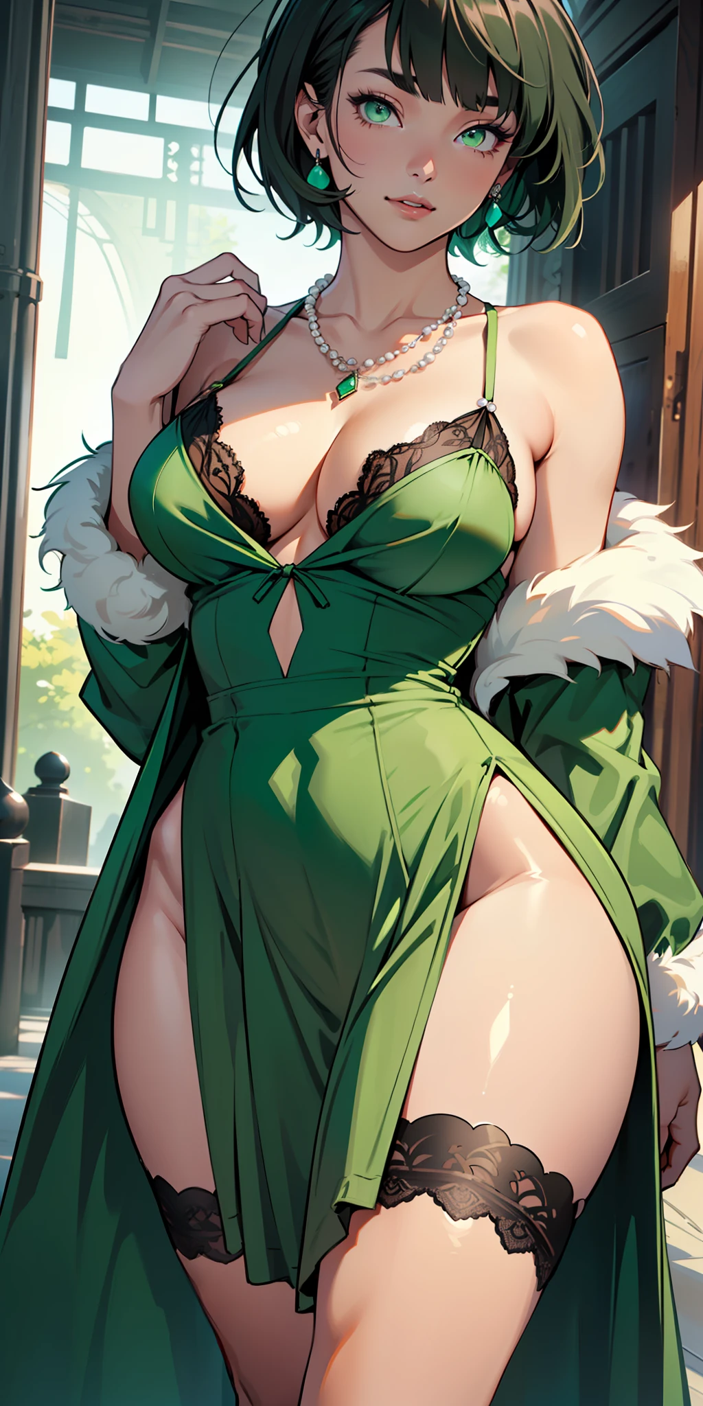 The best possible quality ((high resolution 8k)),a beautiful woman, the most beautiful girl, the best, beautiful short hair, short hair with bangs, pearl necklace ((very well detailed green eyes)),((,with a very dark green long dress)),((with a long white and dark green fur coat)),walking, (( with a long dark green dress), very large breasts, micro lingerie