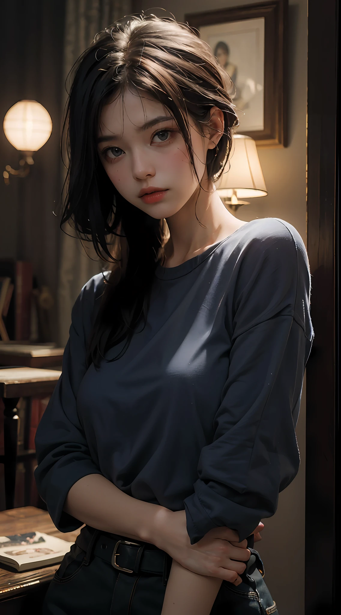 Best Quality, Masterpiece, Ultra High Resolution, (Realisticity: 1.4), Original Photo, 1Girl, Mature, Blue Top, Cinematic Lighting