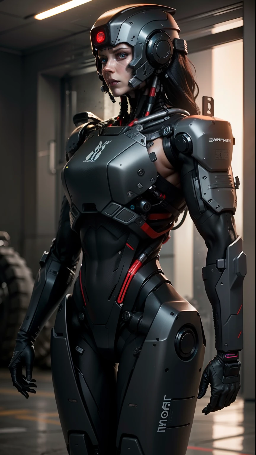 robot,anatomically perfect woman,carbon fiber,tactical, black metal, wiring,glowing eyes,artificial muscle,exposed machinery,LED lights,