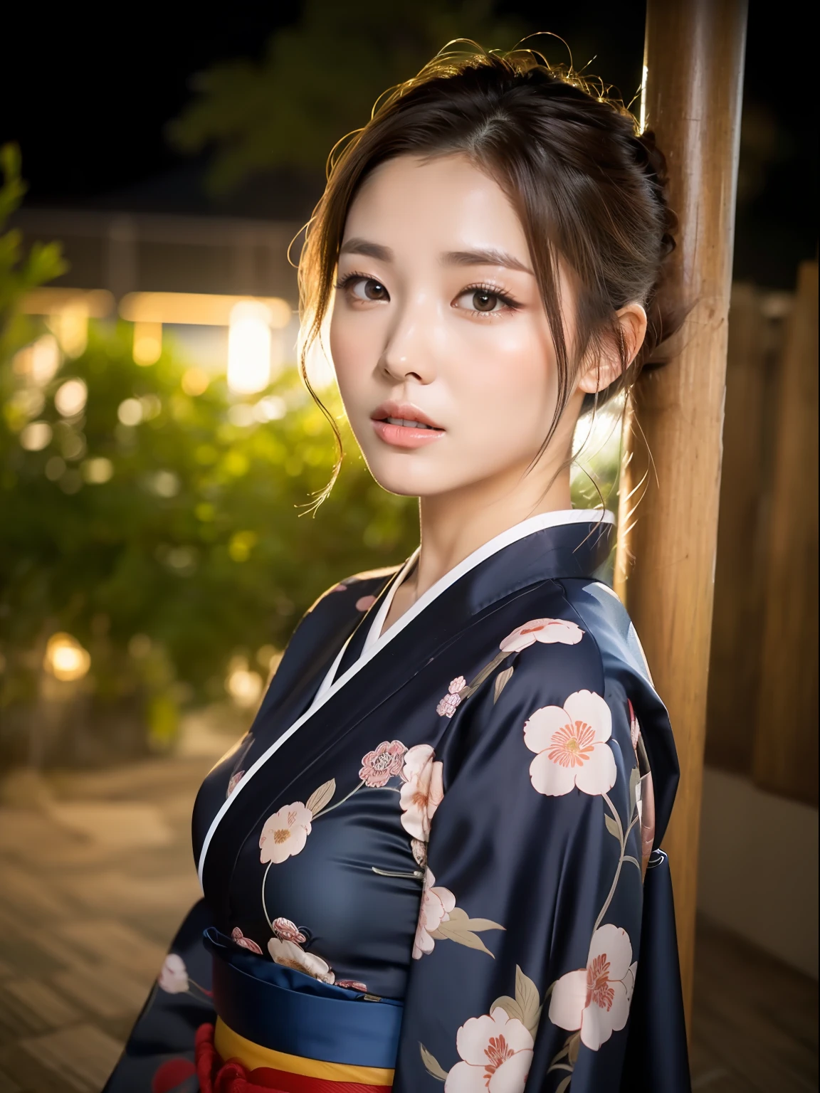 ((NIGHT, Real Light, Best Quality, 8k, Masterpiece: 1.3)), 1 girl, Japan beautiful girl, slender figure: 1.4, abs: 1.1, (dark brown hair, big: 1.3), (beautiful Chinese kimono), super detailed face, detail eye, double eyelids, full body, milky way, tanabata