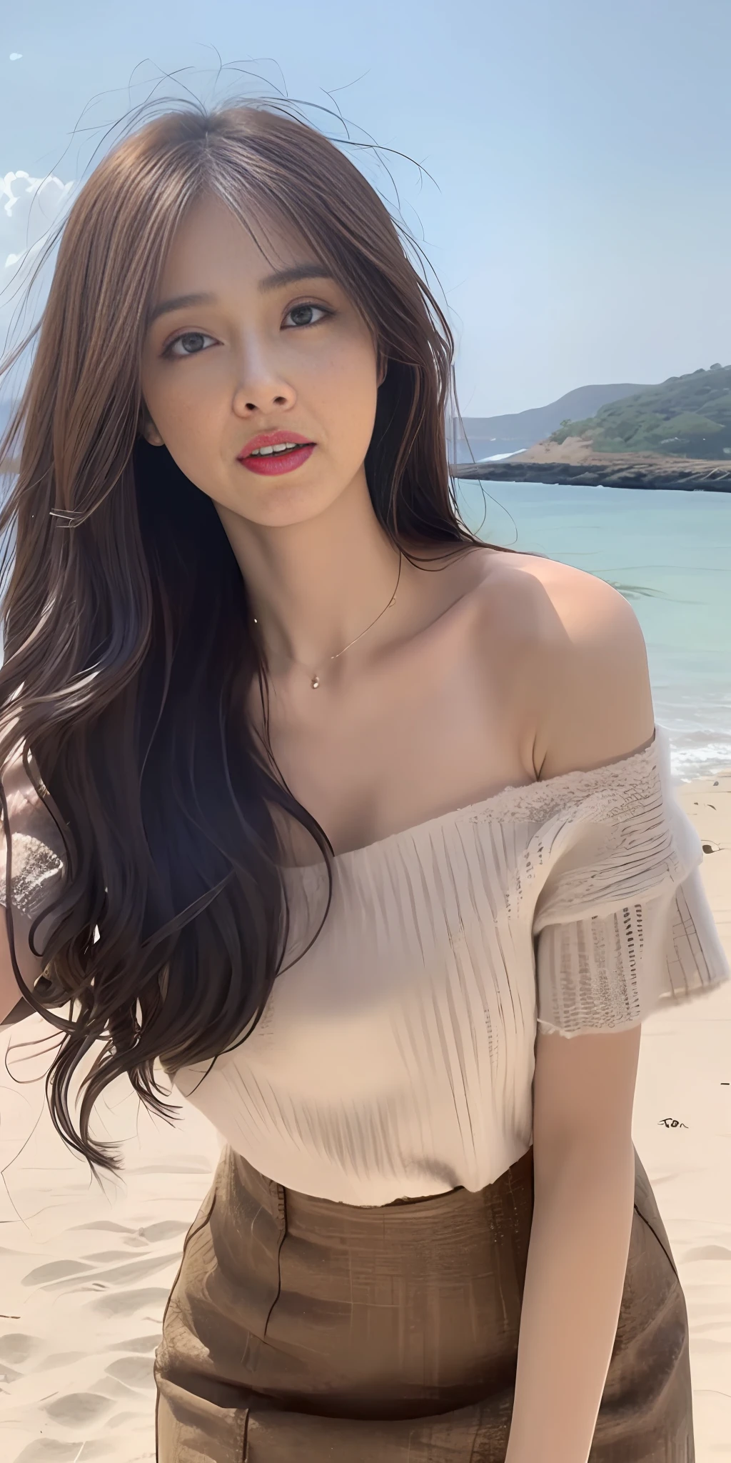 Full body close-up, various standing postures, looking at you head-on, delicate makeup, red lips, long eyelashes, bright big eyes, temperamental beauty, supple fair skin, long brown hair, curly hair, fluffy hair, hair details, delicate facial features, perfect face, round neck sleeveless shirt, bare shoulders without leaking chest, super perfect body, wrapped, flowing, textured (beautiful one-neck top, low-rise skirt), on the beach, on the yacht