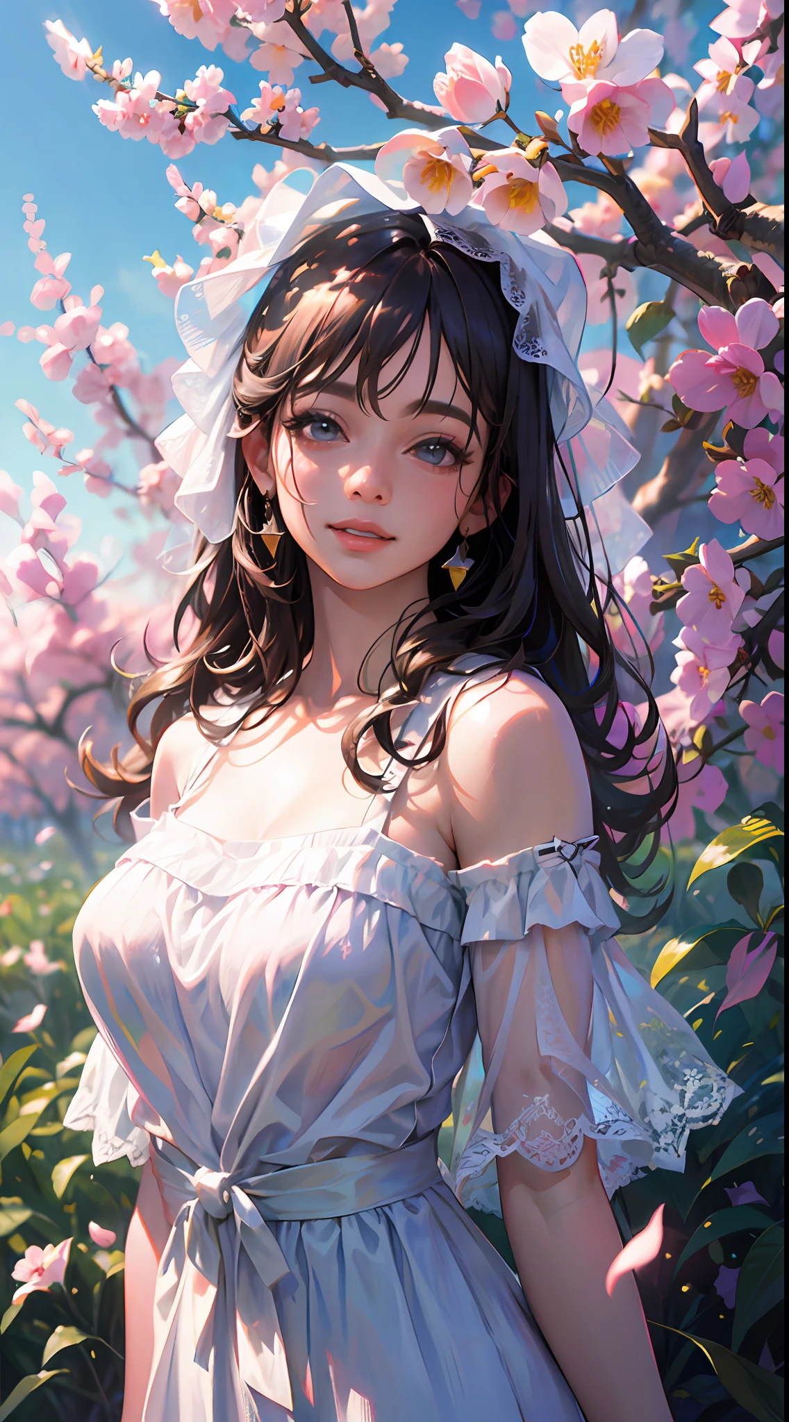 Best quality, masterpiece, ultra high res, (photorealistic:1.4), raw photo, 1girl, white dress, off shoulder, blossom flower field, glowing skin, light smile