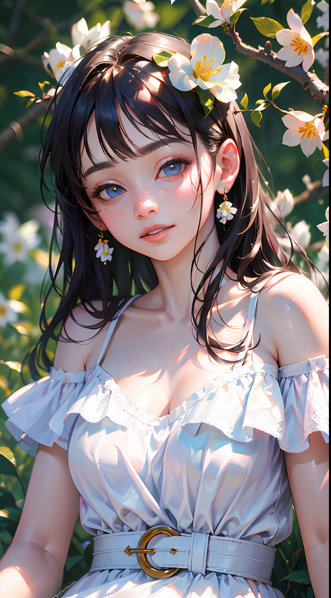 Best quality, masterpiece, ultra high res, (photorealistic:1.4), raw photo, 1girl, white dress, off shoulder, blossom flower field, glowing skin, light smile