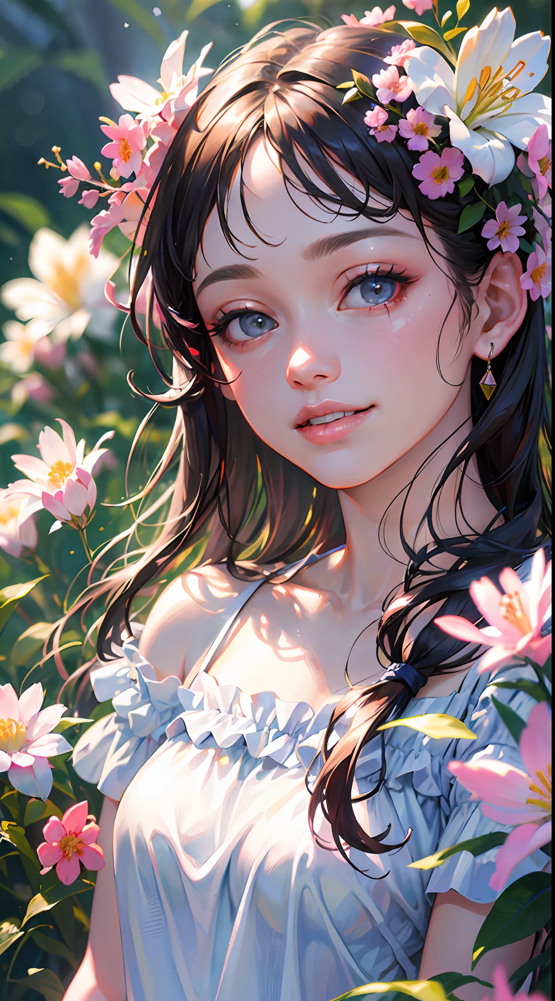 Best quality, masterpiece, ultra high res, (photorealistic:1.4), raw photo, 1girl, white dress, off shoulder, blossom flower field, glowing skin, light smile