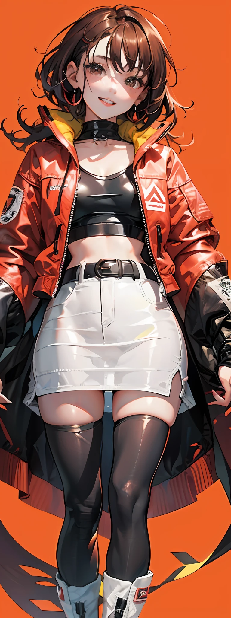 1girl, solo,underwaterbrown hair, brown eyes, parted lips, long sleeves, jacket, simple background, upper body, red background, looking at viewer, teeth, red jacket, lips, cosplay, full body, smile,motorbike