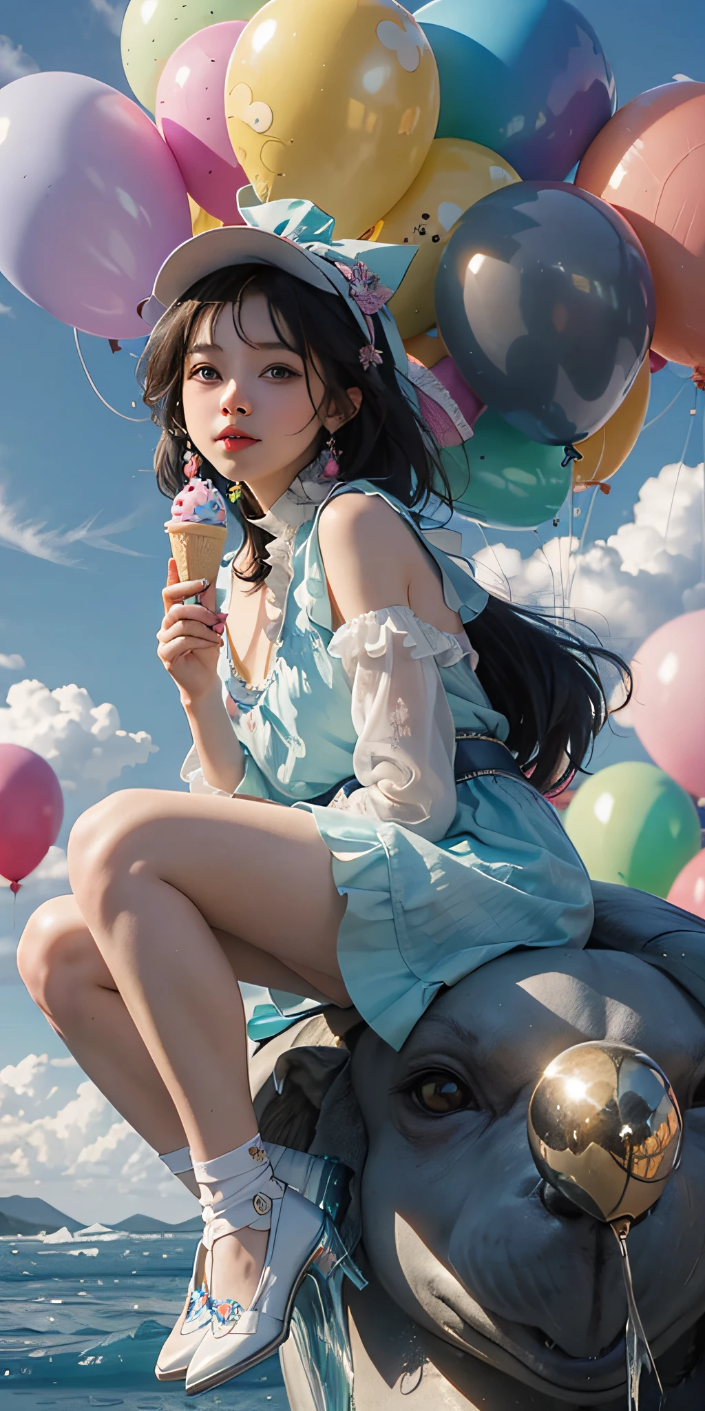 A girl sitting on a giant ice cream, which is adorned with vibrant colors, delightful frosting, and rainbow sprinkles. She holds an oversized waffle cone,shimmering candies. Floating around her are some small balloons, each tied to a petite candy. The scene is filled with sweetness and joy, showcasing the girl's happiness and the enchanting fusion of her imagination and a fantastical world,blue sky,