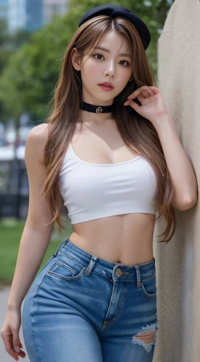 ((Top Quality, 8k, Masterpiece: 1.3)), Crisp Focus: 1.2, Beautiful Women in Perfect Style: 1.4, Slender Abs: 1.2, ((Dark Brown Hair, Big: 1.2)), Angel Face, Detailed Face, Beautiful Girl, Cute, White T-shrt, Jeans, Waikiki Beach: 1.2, Palm Tree, (Front Shot), (Full Length Photo: 1.3,), Highly detailed face and skin texture, detailed eyes, double eyelids (Cowboy shot: 1.2),(Perfect anatomy:1.2),(Wide hips:1.1), Choker, Beret: 1.2,