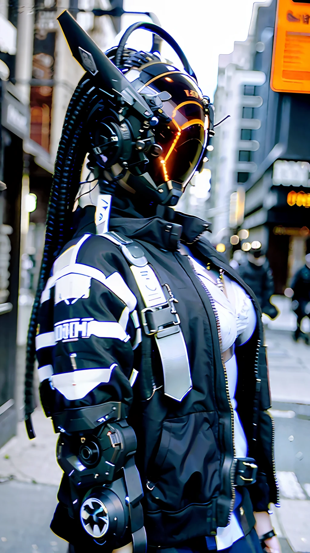 masterpiece woman, best quality, upper body, a close-up of a fantastic-looking cyborg in a fantastic cybernetic helmet with dreadlocks, with black techwear jacket, HDR, ray tracing, rich details of lights and shadows, on the street,