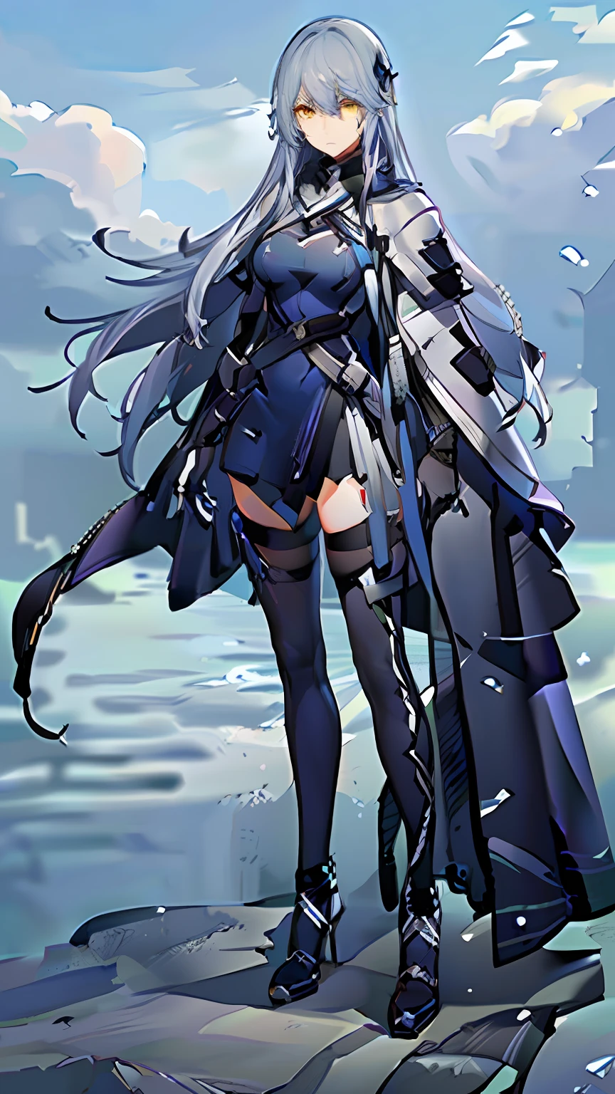 masterpiece, best quality,lyfesnowbreak,1girl, solo, long hair, yellow eyes, gloves, thighhighs, breasts, grey hair, bangs, hair ornament, cape, standing, white gloves, (dark blue dress:), dark  blue cloak, black thighhighs, expressionless, ., full body,beach,