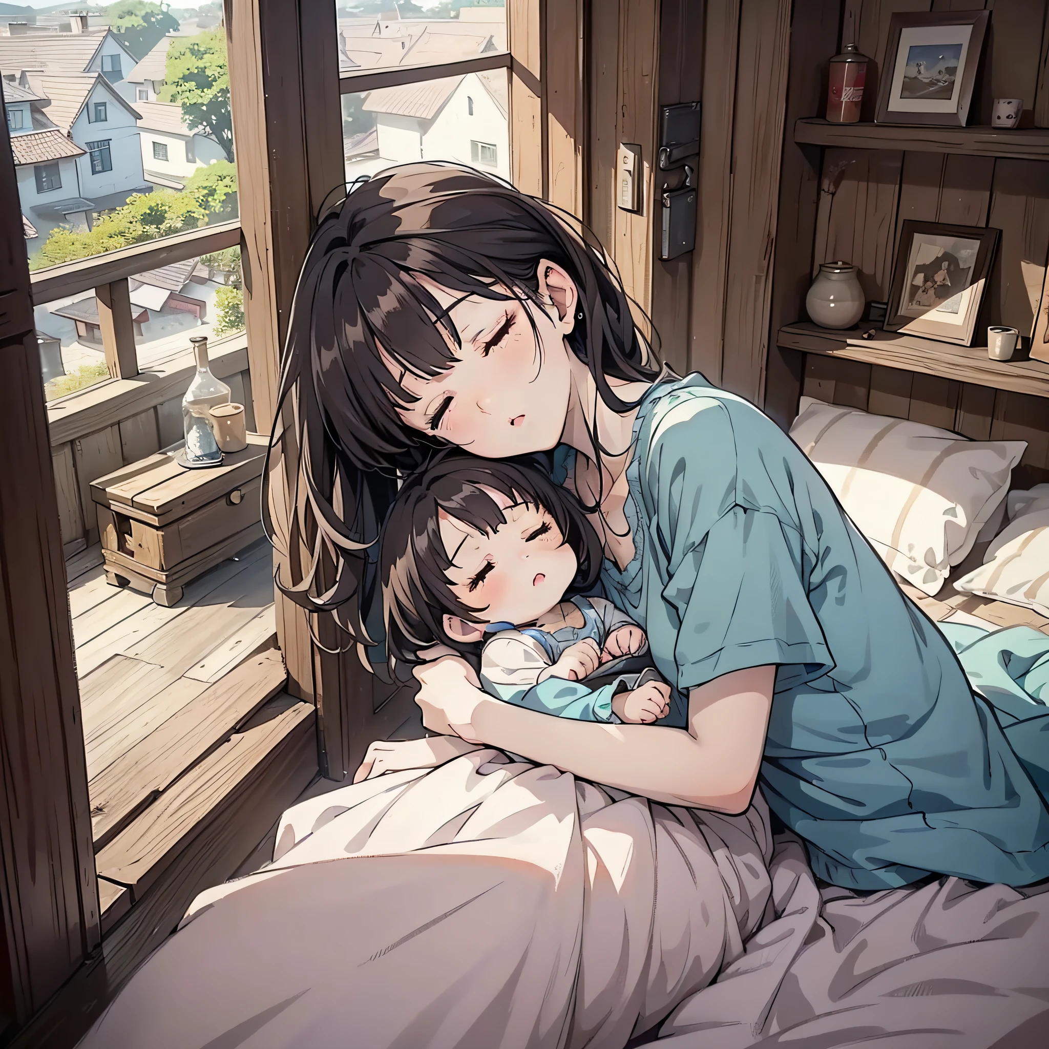 In the village house, a couple sleeps in bed with (eyes closed 1.5) (Vista 1.2) (A young couple 1.2) (background is in the village house 1.5) (cinematic light 1.5) (Master masterpiece: 1.4), hyper detail, anime style 4 K, anime rendering, anime style. 8k,