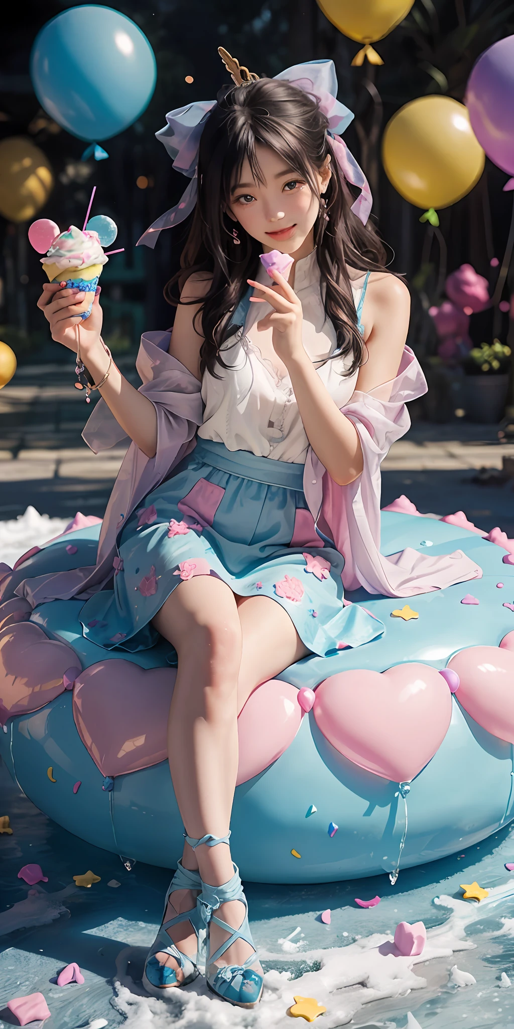 A girl sitting on a giant ice cream, which is adorned with vibrant colors, delightful frosting, and rainbow sprinkles. She holds an oversized waffle cone,shimmering candies. Floating around her are some small balloons, each tied to a petite candy. The scene is filled with sweetness and joy, showcasing the girl's happiness and the enchanting fusion of her imagination and a fantastical world,blue sky,