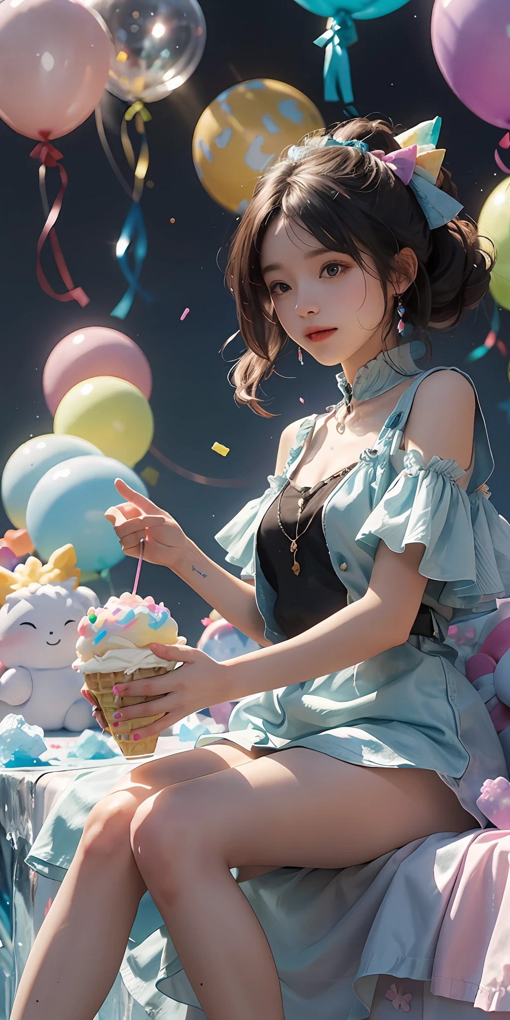 A girl sitting on a giant ice cream, which is adorned with vibrant colors, delightful frosting, and rainbow sprinkles. She holds an oversized waffle cone,shimmering candies. Floating around her are some small balloons, each tied to a petite candy. The scene is filled with sweetness and joy, showcasing the girl's happiness and the enchanting fusion of her imagination and a fantastical world,blue sky,