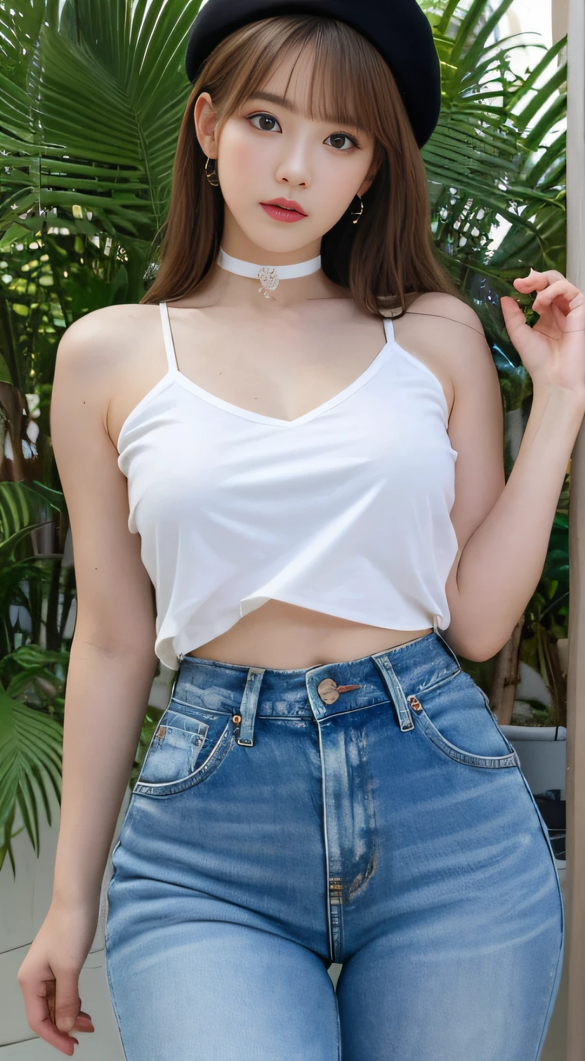 ((Top Quality, 8k, Masterpiece: 1.3)), Crisp Focus: 1.2, Beautiful Women in Perfect Style: 1.4, Slender Abs: 1.2, ((Dark Brown Hair, Big: 1.2)), Angel Face, Detailed Face, Beautiful Girl, Cute, White T-shrt, Jeans, Waikiki Beach: 1.2, Palm Tree, (Front Shot), (Full Length Photo: 1.3,), Highly detailed face and skin texture, detailed eyes, double eyelids (Cowboy shot: 1.2),(Perfect anatomy:1.2),(Wide hips:1.1), Choker, Beret: 1.2,