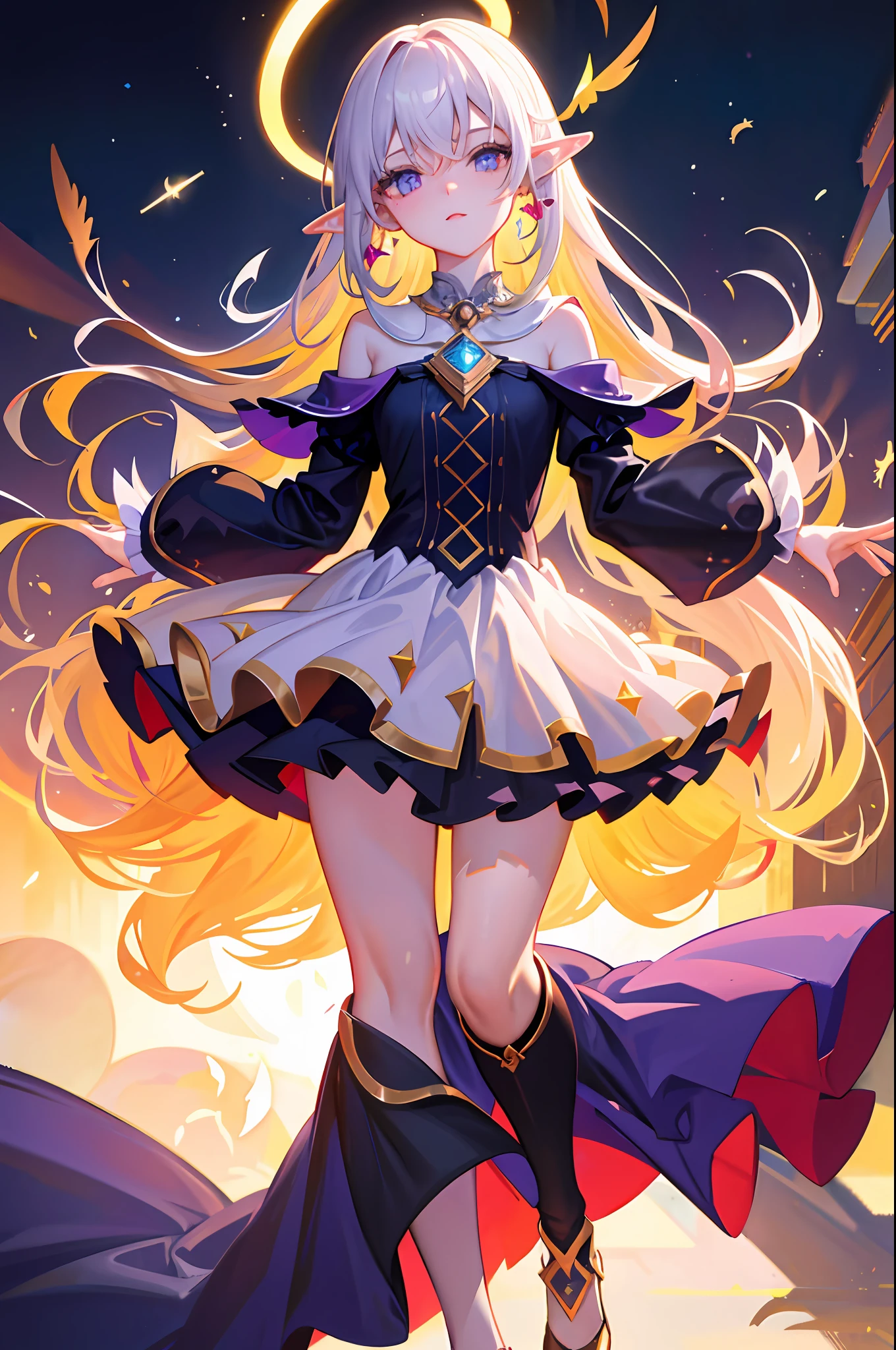 (Masterpiece, excellent picture quality, fine CG, beautiful eye details, ultra-detailed, complex details: 1.2), 8k wallpaper, exquisite facial features, (1girl, solo: 1.4), long hair, (flying hair: 1.2), (wind L: 1.3), (Elf, Halo: 1.3), Exquisite Eyes, Glowing Eyes, Earrings, Underwear, Anklets, Chest, Necklace, (Purple Flame: 1.5), Feathers, (Magic Book, Magic Ball: 1.5), (Flying Paper Air: 1.4), Magic Circle, Spell, Night, Darkness, (Prism, 1.4) Starry Sky Background, (Colorful Splash: 1.5), Splash Art, Real Lighting, (Cool Magic Effect: 1.2), (High Saturation degrees), High Contrast: 1.4), Extreme Color, (surrounded by glowing white particles: 1.6)