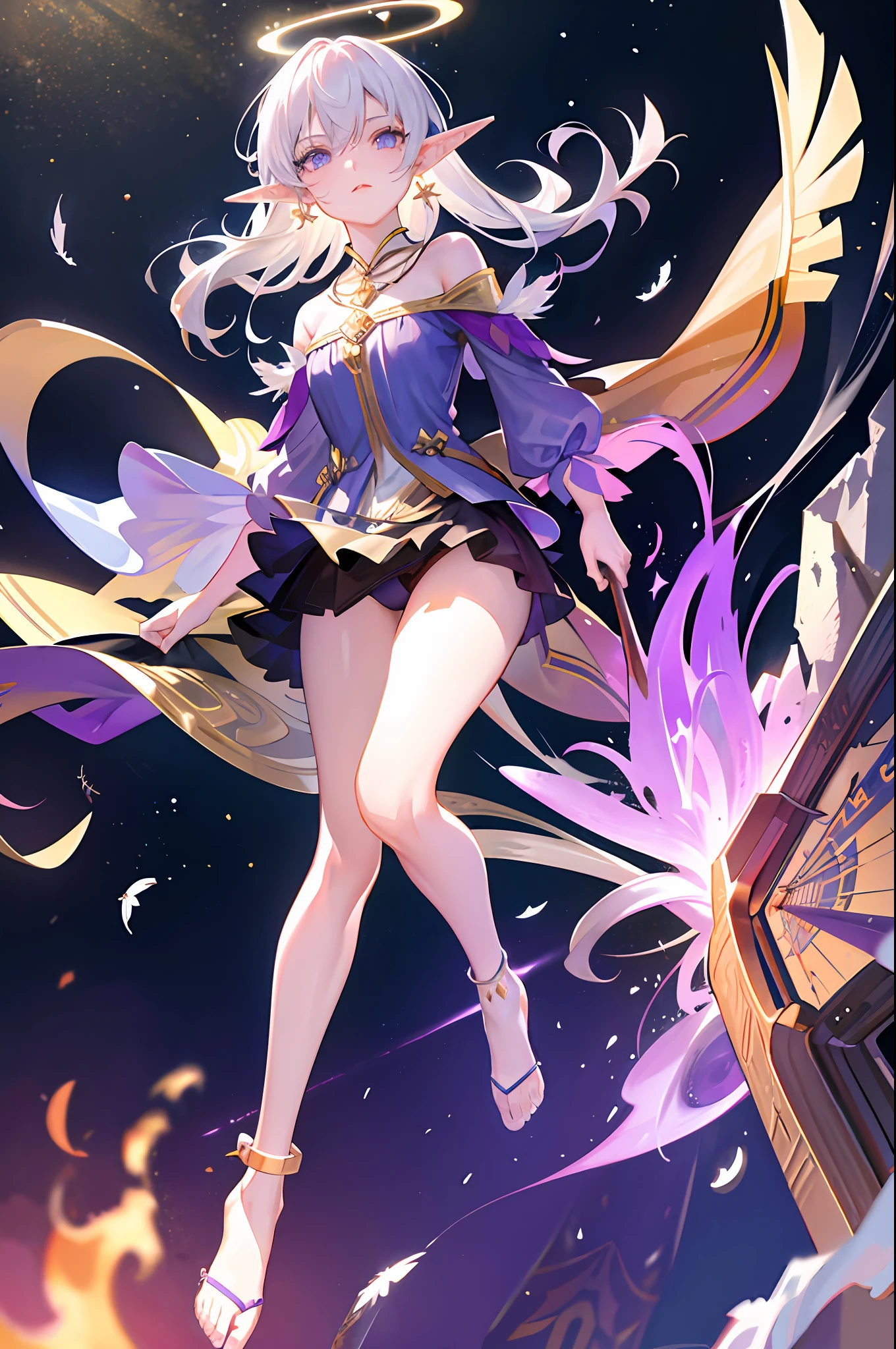 (Masterpiece, excellent picture quality, fine CG, beautiful eye details, ultra-detailed, complex details: 1.2), 8k wallpaper, exquisite facial features, (1girl, solo: 1.4), long hair, (flying hair: 1.2), (wind L: 1.3), (Elf, Halo: 1.3), Exquisite Eyes, Glowing Eyes, Earrings, Underwear, Anklets, Chest, Necklace, (Purple Flame: 1.5), Feathers, (Magic Book, Magic Ball: 1.5), (Flying Paper Air: 1.4), Magic Circle, Spell, Night, Darkness, (Prism, 1.4) Starry Sky Background, (Colorful Splash: 1.5), Splash Art, Real Lighting, (Cool Magic Effect: 1.2), (High Saturation degrees), High Contrast: 1.4), Extreme Color, (surrounded by glowing white particles: 1.6)