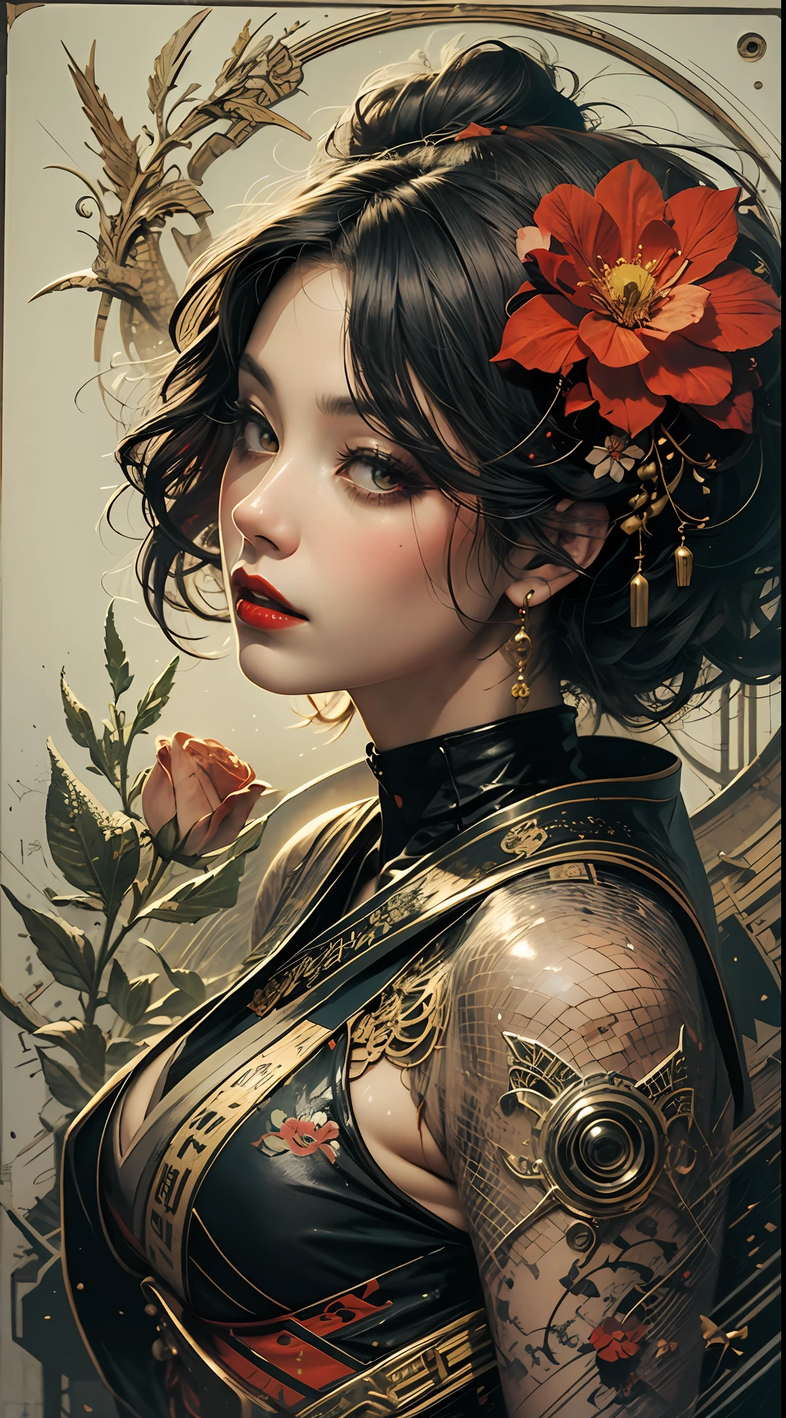 geisha cyberpunk without jaw looking up,hair tied,red flower in hair,black hair,red lipstick,dark makeup,hand drawn,art nouveau