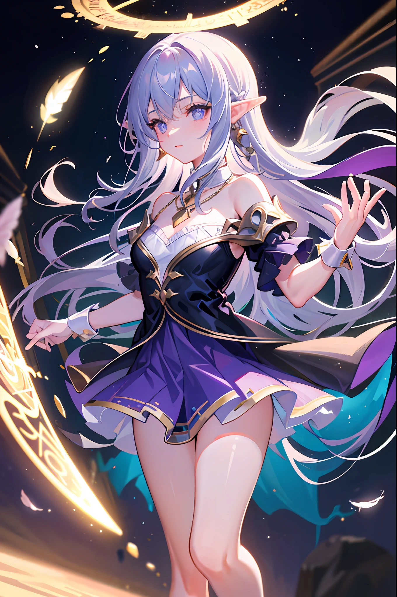 (Masterpiece, excellent picture quality, delicate CG, beautiful eye details, ultra-detailed, complex details: 1.1), 8k wallpaper, exquisite facial features, (1girl, solo: 1.4), long hair, striped hair, (elf, aura: 1.3), exquisite eyes, glowing eyes, earrings, panties, anklets, chest, necklace, magic wand, (purple flame: 1.3, feathers, (magic circle, magic ball: 1.3), (flying paper in the air: 1.4) , magic circle, spell, night, darkness, (prismatic hair, 1.4) starry background, (colorful splash: 1.3), splash art, real lighting, cool magic special effects, high saturation, extreme color, (white particles that are illuminated Surround the whole body: 1.3)