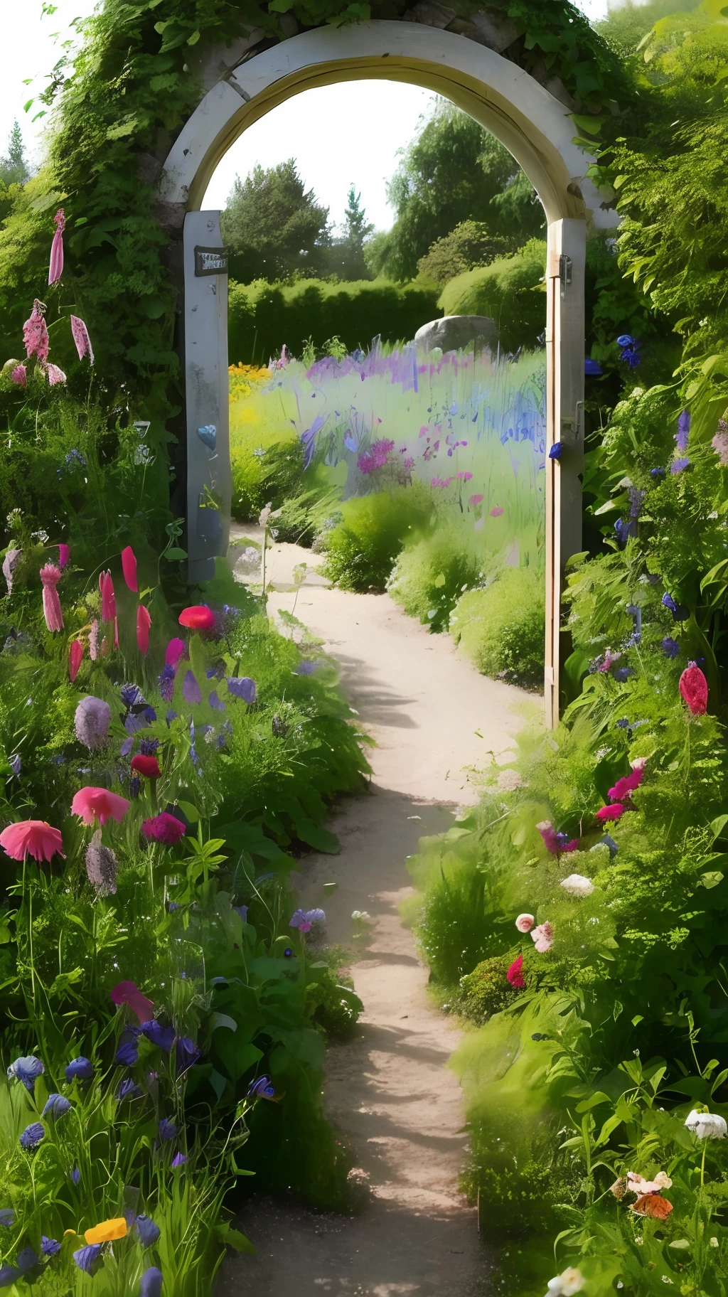 doorway to a field of wild flowers and a path through it, near a stone gate, cottagecore, cottagecore flower garden, in a cottagecore flower garden, overgrown with flowers, delightful surroundings, portal to another world, nature and floral aesthetics, walking out of a the havens gate, overgrown place, secret garden