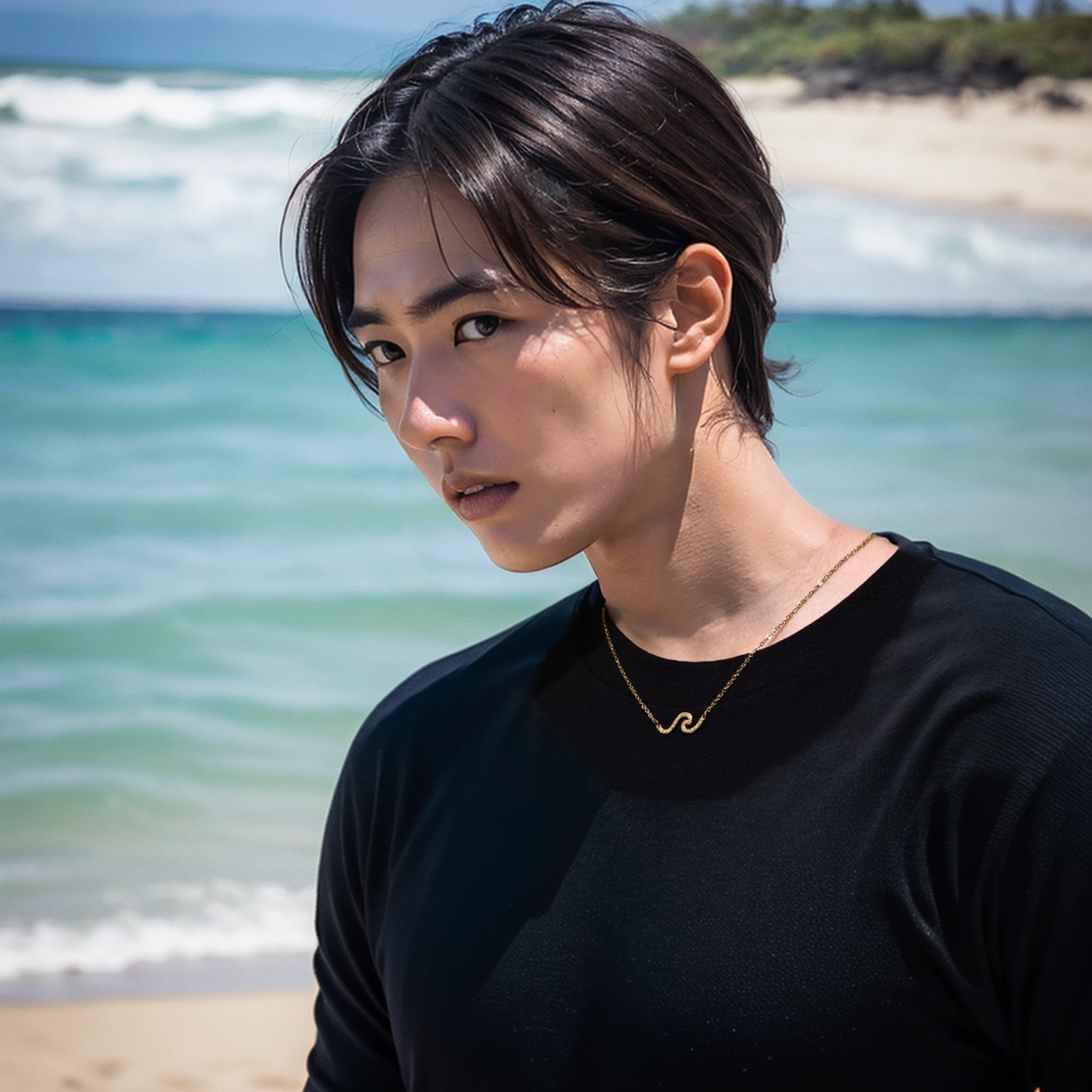 a guy,man, surfer,hawaii beach background,