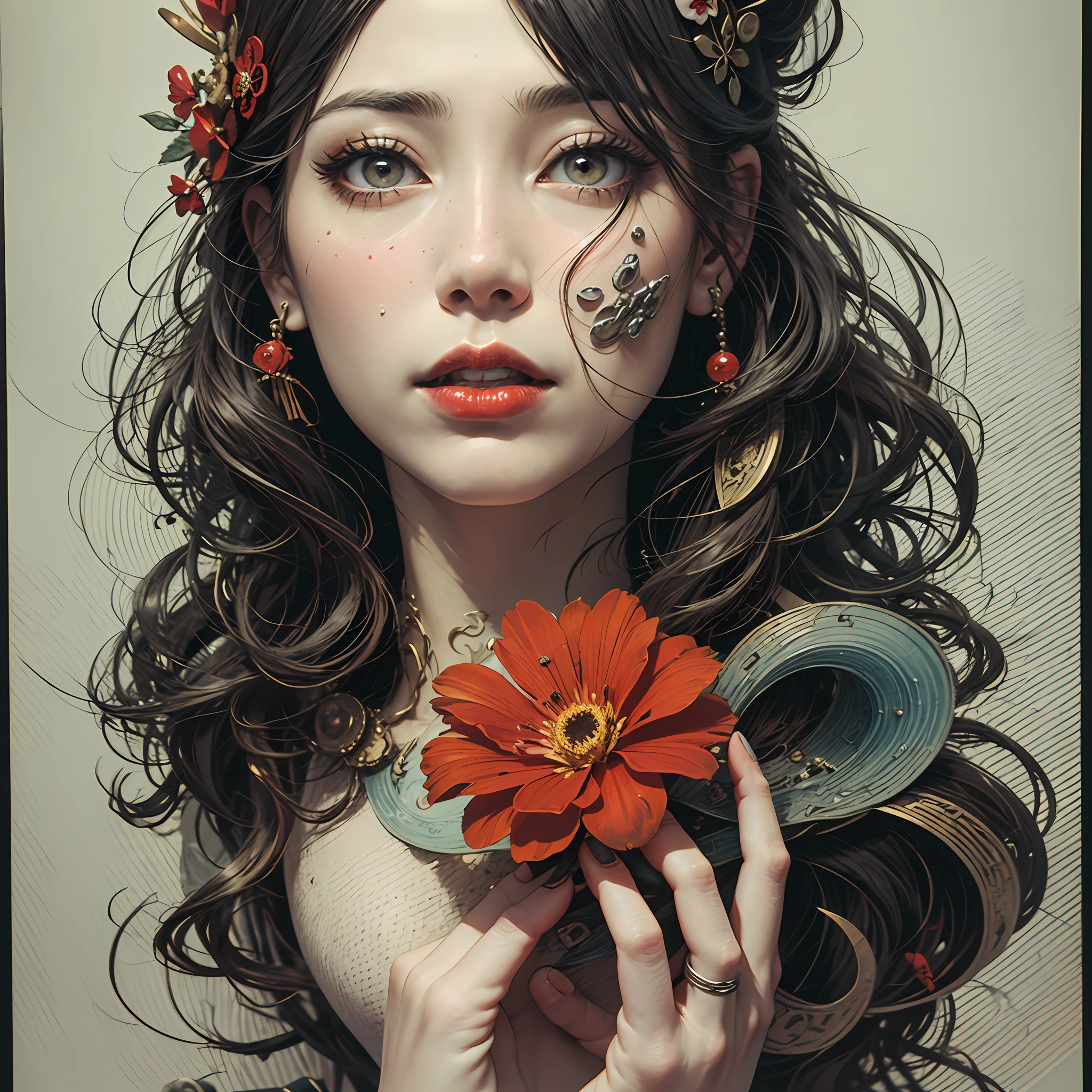 geisha cyberpunk without jaw looking up,hair tied,red flower in hair,black hair,red lipstick,dark makeup,hand drawn,art nouveau