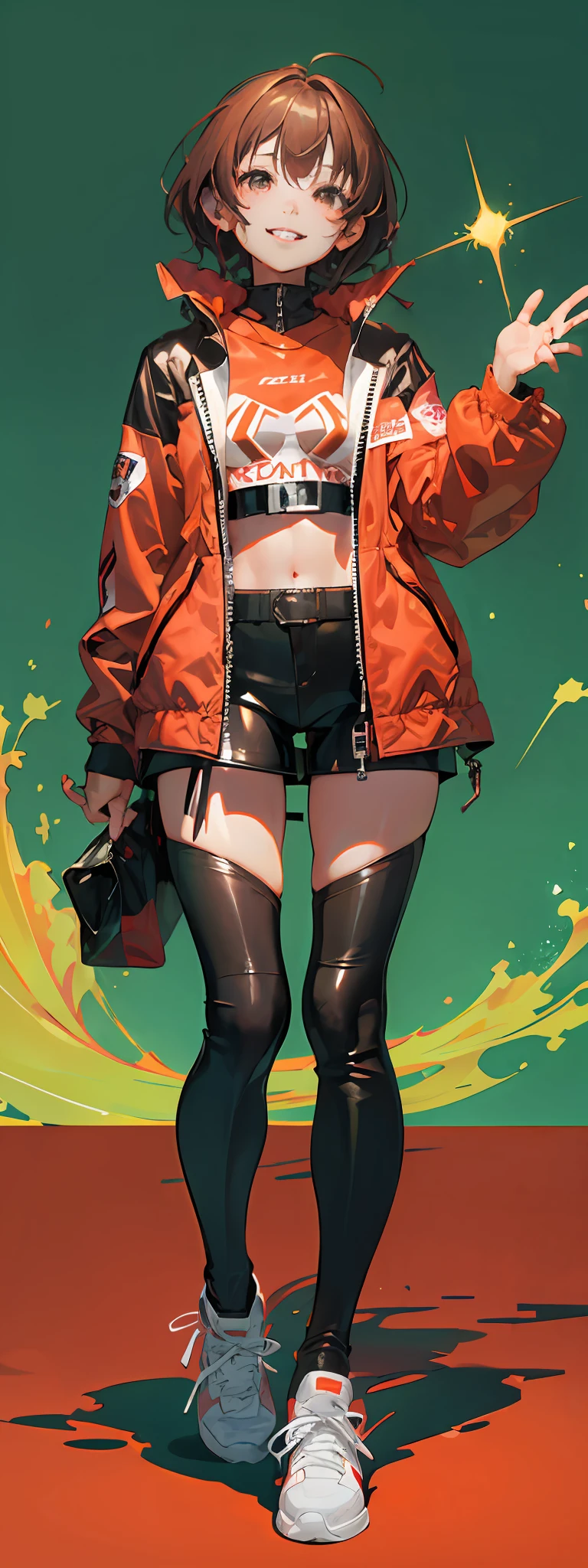 1girl, solo,underwaterbrown hair, brown eyes, parted lips, long sleeves, jacket, simple background, upper body, red background, looking at viewer, teeth, red jacket, lips, cosplay, full body, smile,motorbike