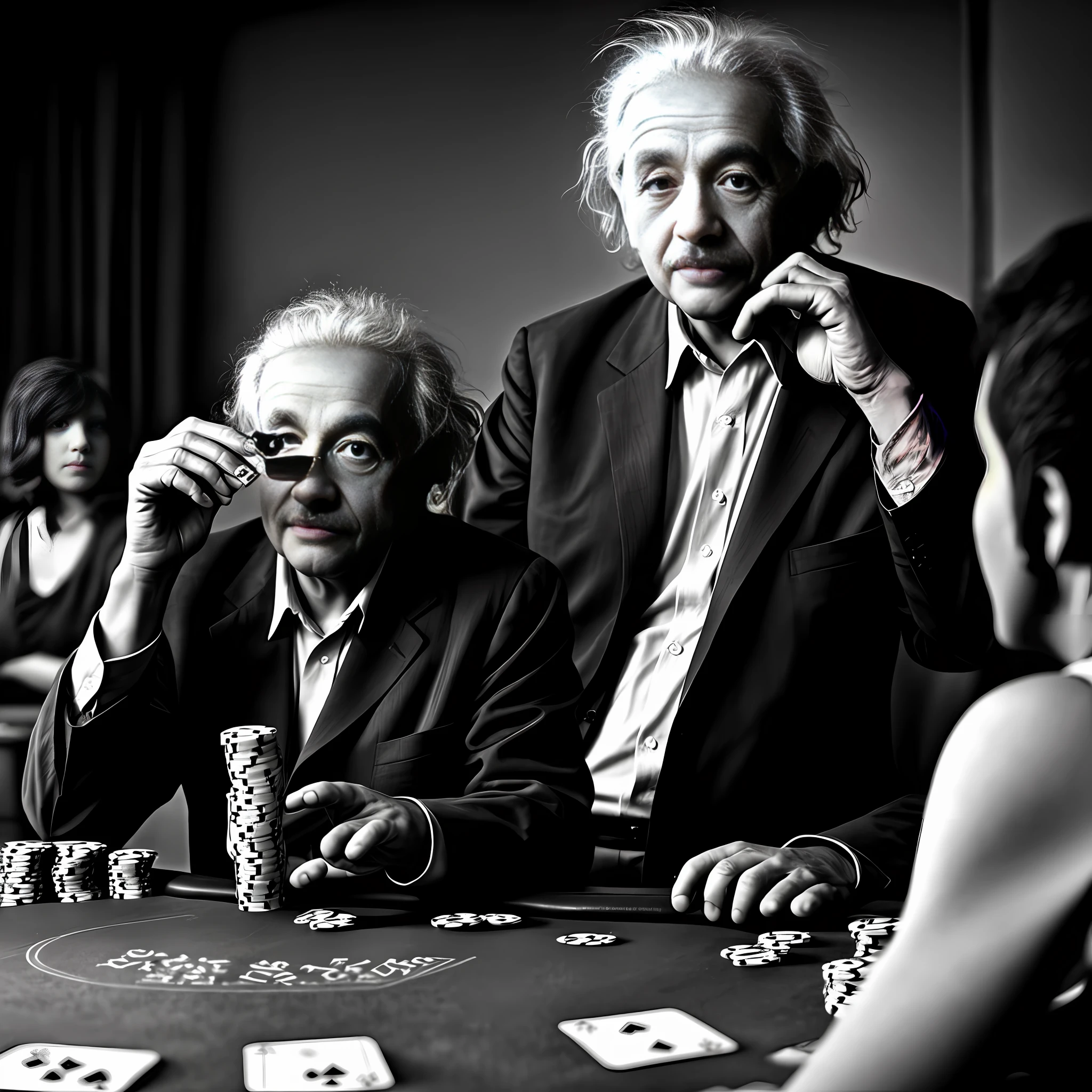 Albert Einstein playing Poker and smoking a joint::1.7 realistic::1.8 photorealistic::2 dusk::1 telephoto lens::1 defocus::-0.5 --v 4 --seed 0875486