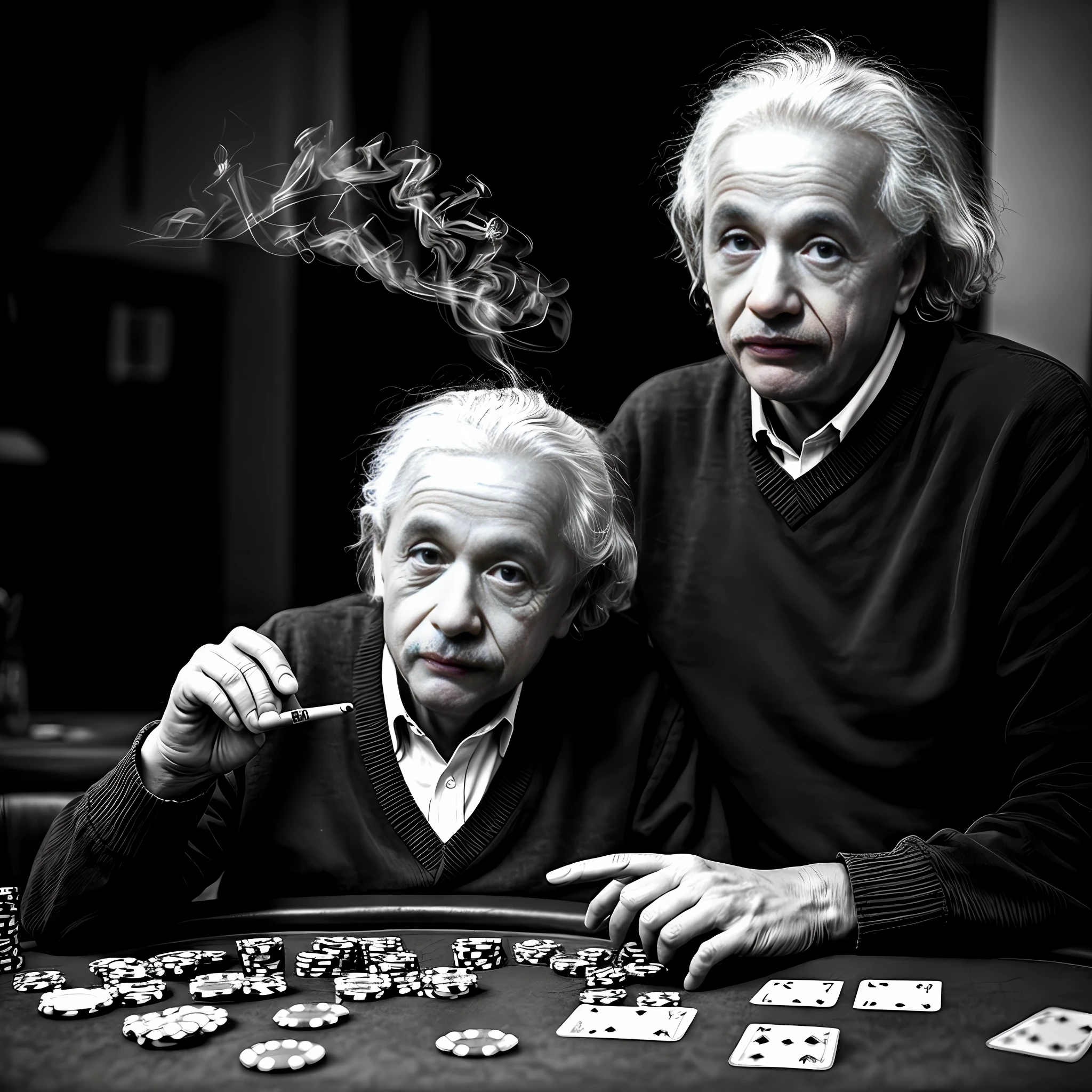 Albert Einstein playing Poker and smoking a joint::1.7 realistic::1.8 photorealistic::2 dusk::1 telephoto lens::1 defocus::-0.5 --v 4 --seed 0875486