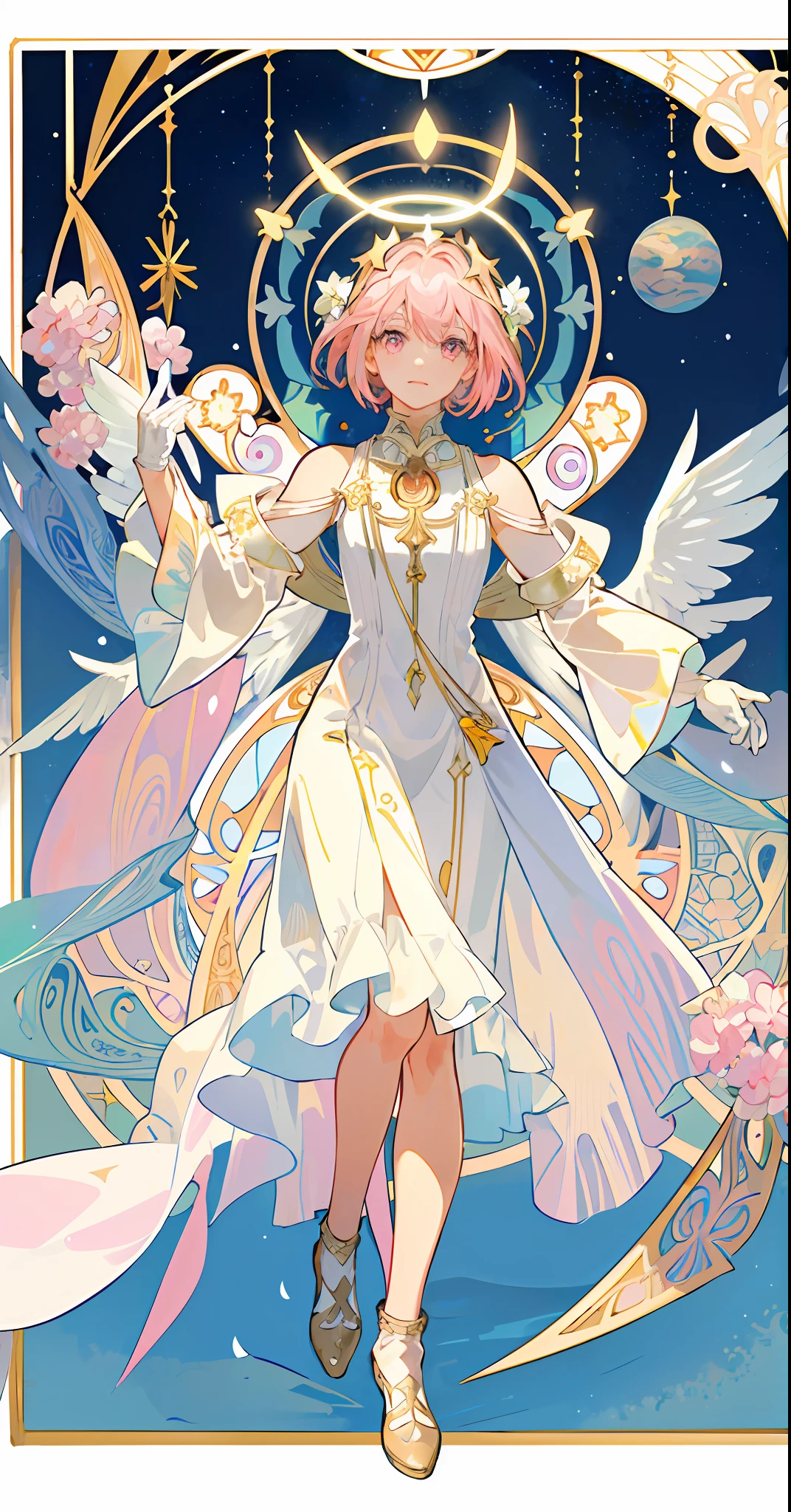 ((masterpiece,best quality)),(1girl, solo:1.4),beautiful detailed eyes, vivid, cinematic light, full_body, pink_flowers, (tarot_card), intricate, detailed background, looking_at_viewer, Madoka Kaname, hands reaching out, (flat chest), (walking), casual pose, posing, (white_gloves), (pink_eyes), white feathers, sparkles, glitter, celestial, outerspace, by alphonse mucha, (gold frame), halo, (tarot border)