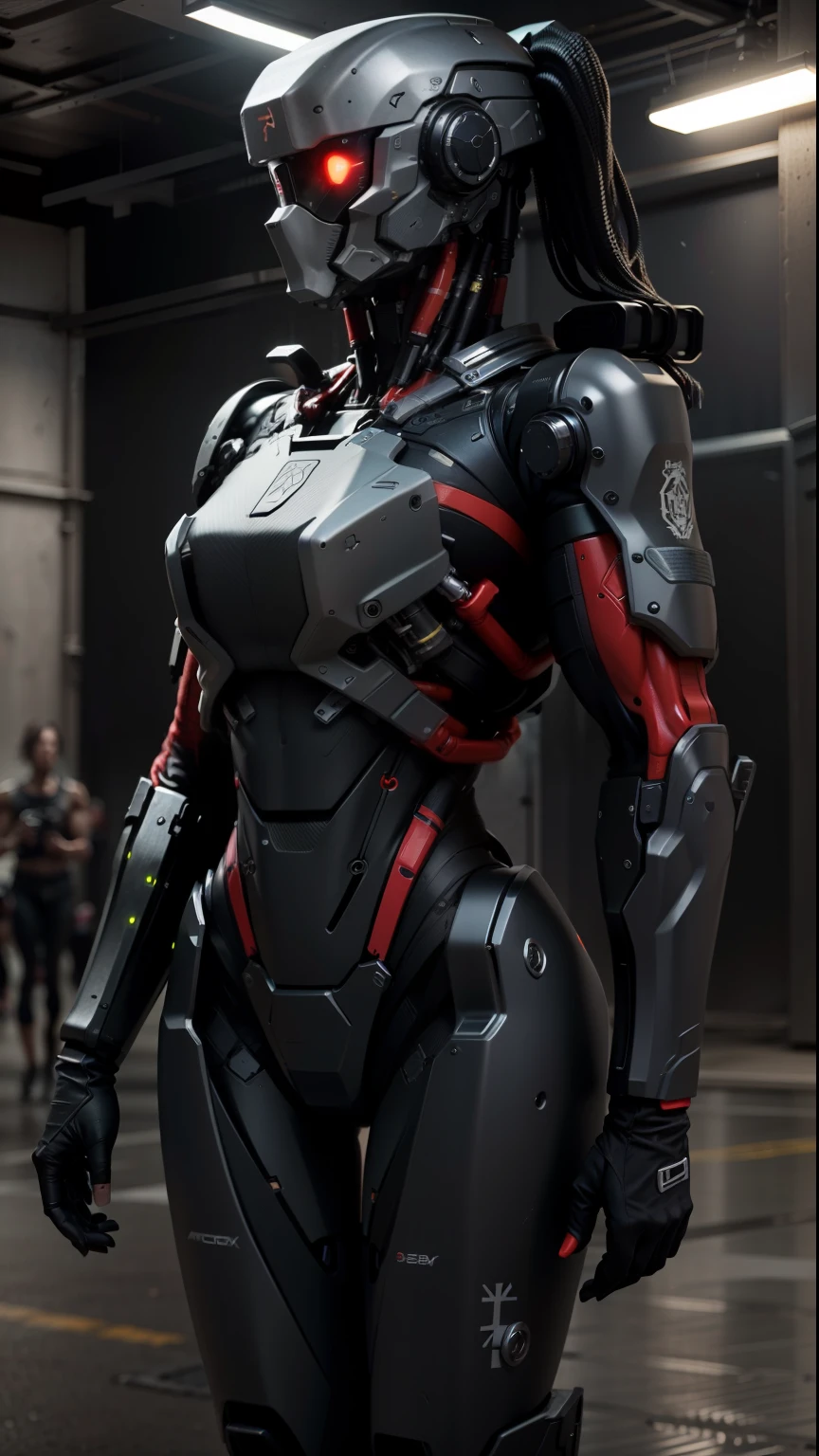 robot,anatomically perfect woman,carbon fiber,tactical, black metal, wiring,glowing eyes,artificial muscle,exposed machinery,LED lights,