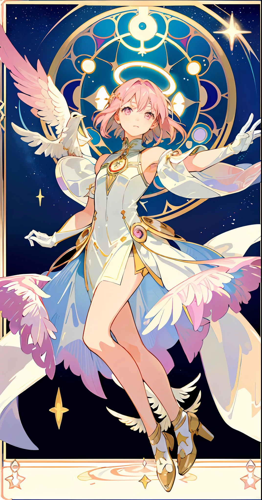 ((masterpiece,best quality)),(1girl, solo:1.4),beautiful detailed eyes, vivid, cinematic light, full_body, pink_flowers, (tarot_card), intricate, detailed background, looking_at_viewer, Madoka Kaname, hands reaching out, (flat chest), (walking), casual pose, posing, (white_gloves), (pink_eyes), white feathers, sparkles, glitter, celestial, outerspace, by alphonse mucha, (gold frame), halo, (tarot border)