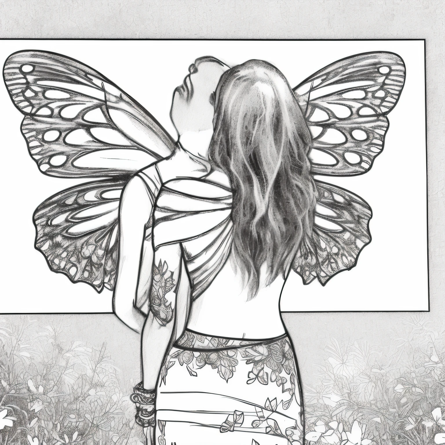 Drawing of a woman with butterfly wings on her back, half woman half butterfly, angel wings on her back, 3/4 view of a woman with wings, tattered wings, alaina emani digital art, big wings on her back, beautiful wings, butterfly wings, tulle wings, spreading her wings, wings on her back, sketch of lucid dreaming, just lines --auto